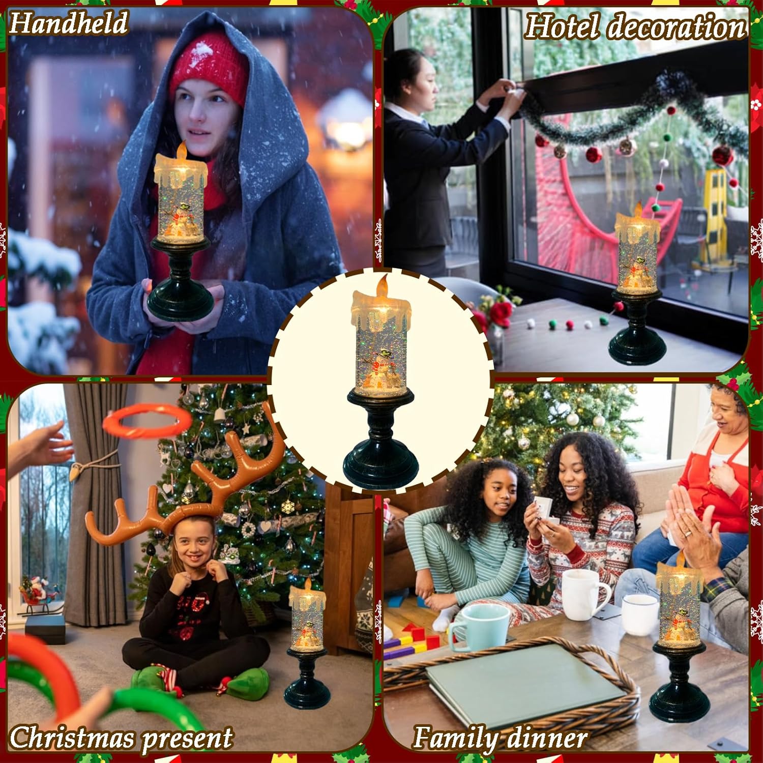 Christmas Flickering Flameless Candles Christmas Snow Globe Candle Light Swirling Water Glittering Spinning Candles with 6 Hours Timer for Home Christmas Gift Decorations (Snowmen)
