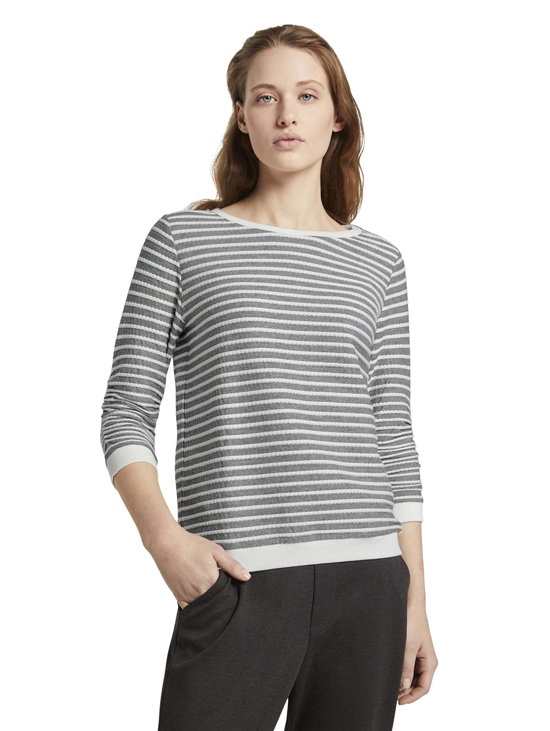 Tom Tailor Denim Women's 1017277 Jacquard Sripe Sweatshirt, Blue White Structured Stripe, S