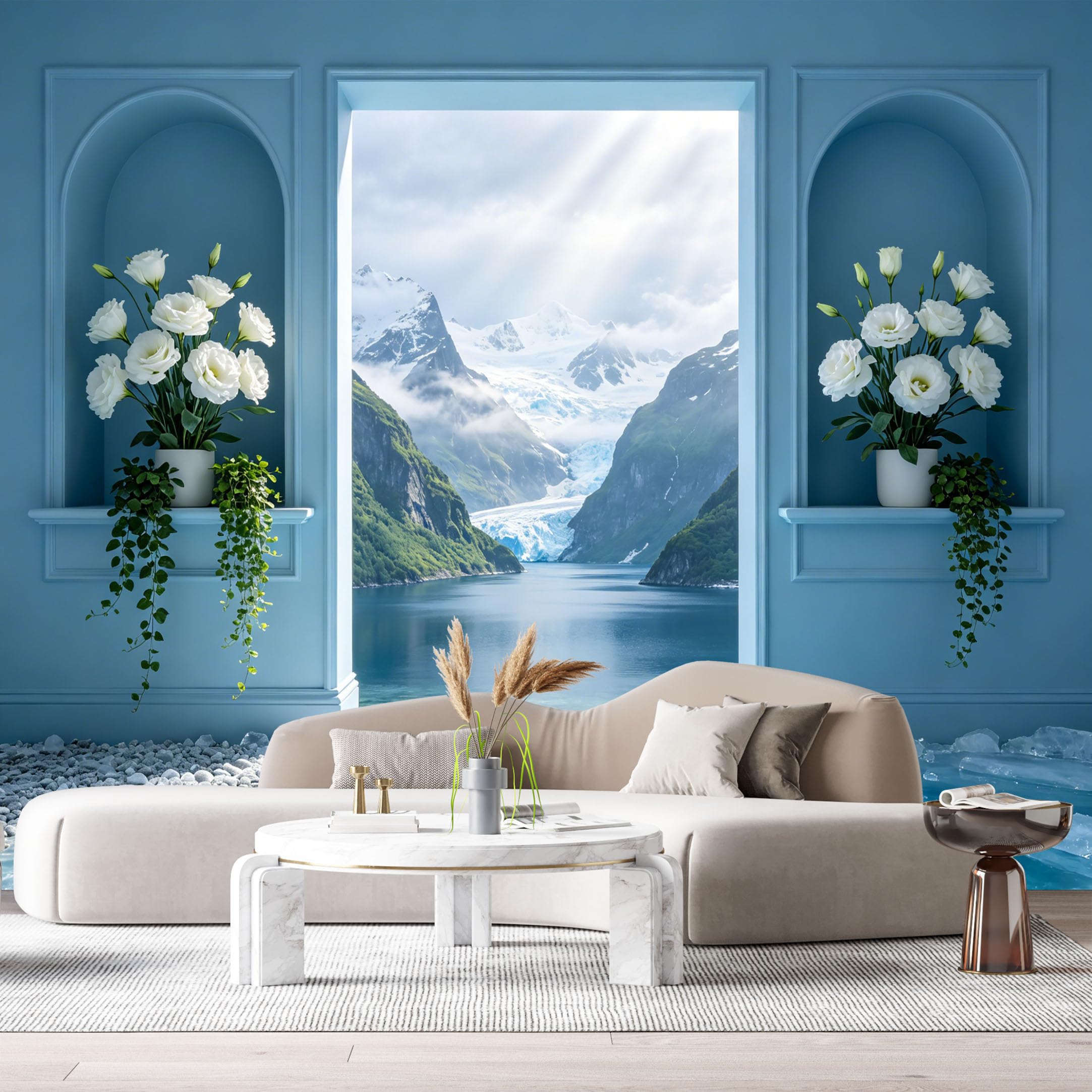 Custom Size Wall Murals 3D Trompe L'Oeil Mountain Lake Landscape White Floral Archway SelfAdhesive Wall Fabric Removable Large Wallpaper for Photo Living Room