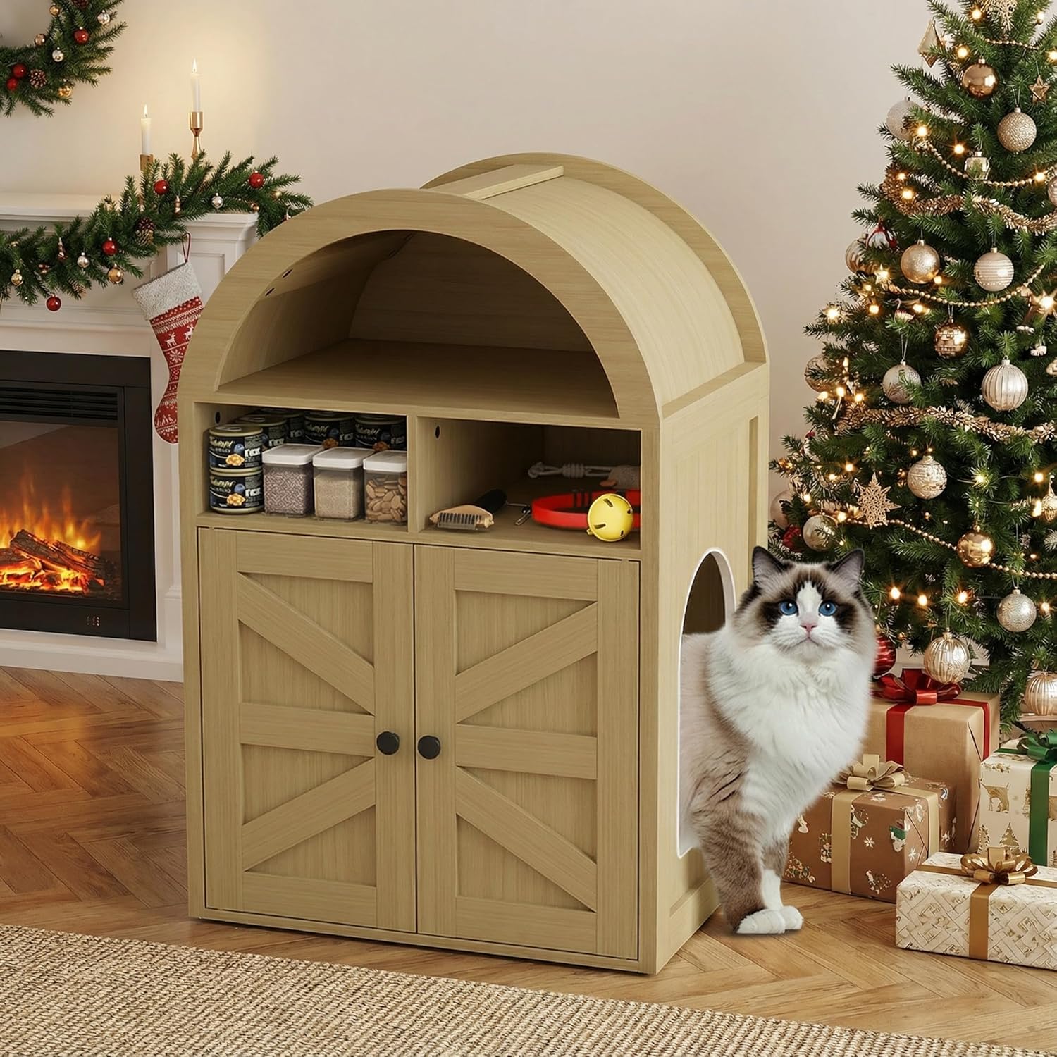 Arched Litter Box Enclosure, Cat Litter Box Furniture Hidden, Cat Washroom Bench Storage Cabinet with Double Doors and Open Shelf for Bedroom, Living Room