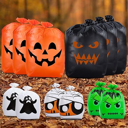CHANGE MOORE Bolsas de césped de hojas de Halloween, 7 unidades, 4 diseños, bolsa de césped de calabaza con lazos giratorios, decoraciones de
