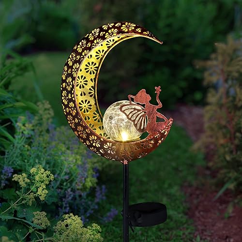 Exhart Estaca de jardín de luna creciente de filigrana de metal solar, orbe de cristal LED, bonita decoración al aire libre, 7 x 39 pulgadas