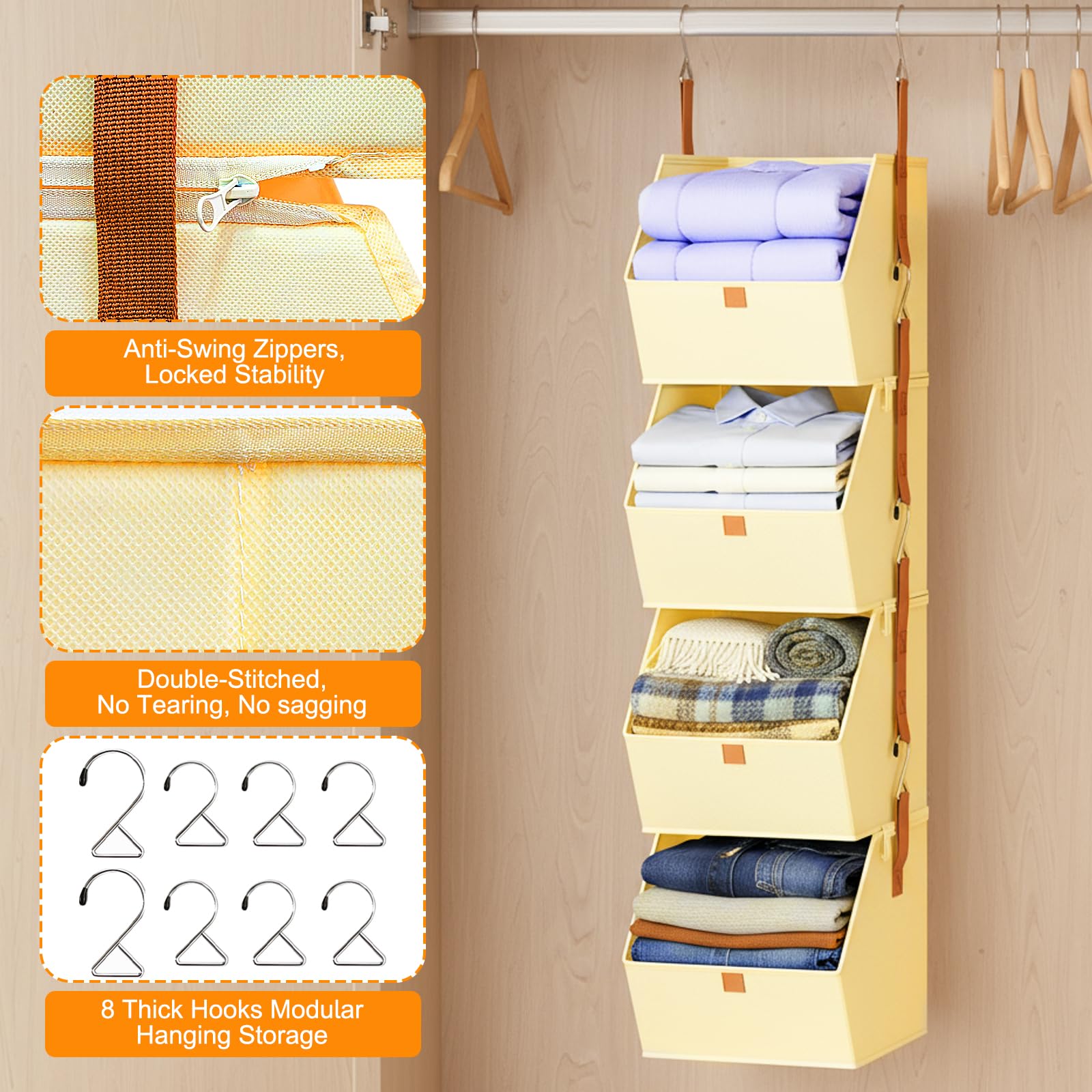Organizzatore sospeso, con 4 scomparti, smontabile, in tessuto, organizer da appendere, grigio, pieghevole, per camera da letto, armadio, biancheria da letto
