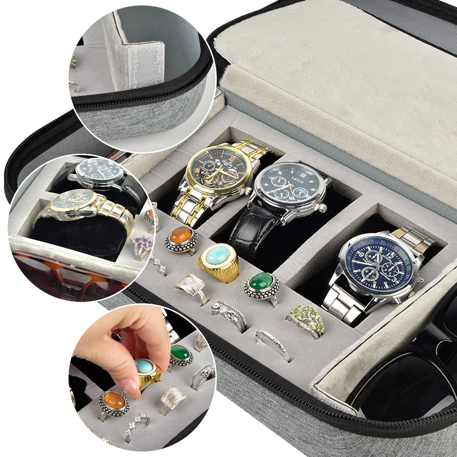 Joyero organizador de relojes para hombres y mujeres, cajas de exhibición de viaje con 3 compartimentos para relojes, 2 ranuras para gafas, 10 soportes para anillos, bolsa de malla para collares