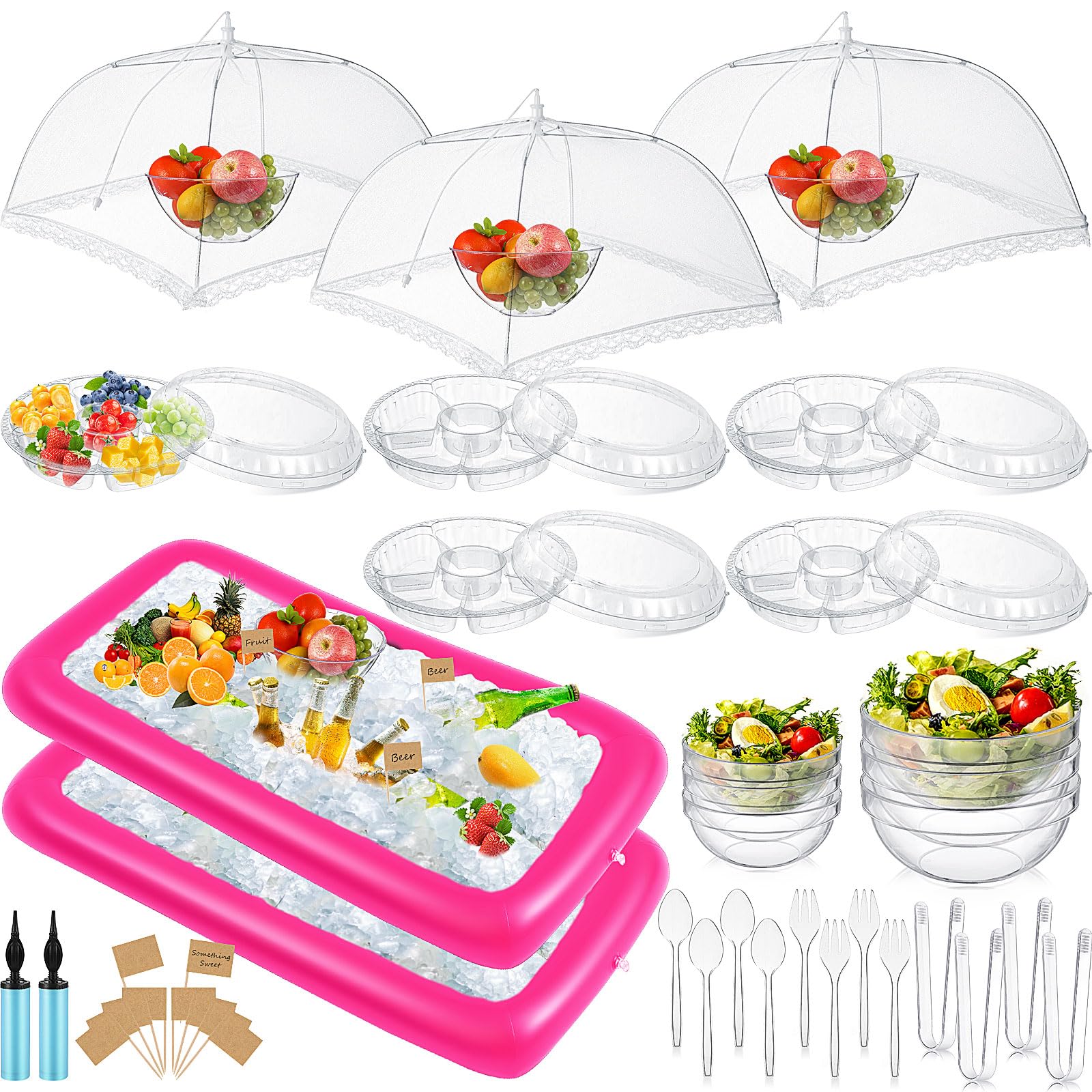 FillTouch 128 Pcs Inflatable Cooler for Parties 2 Inflatable Serving Bars Buffet Cooler for Parties 3 Food Cover 6 Salad Bowl 12 Serving Utensils 5