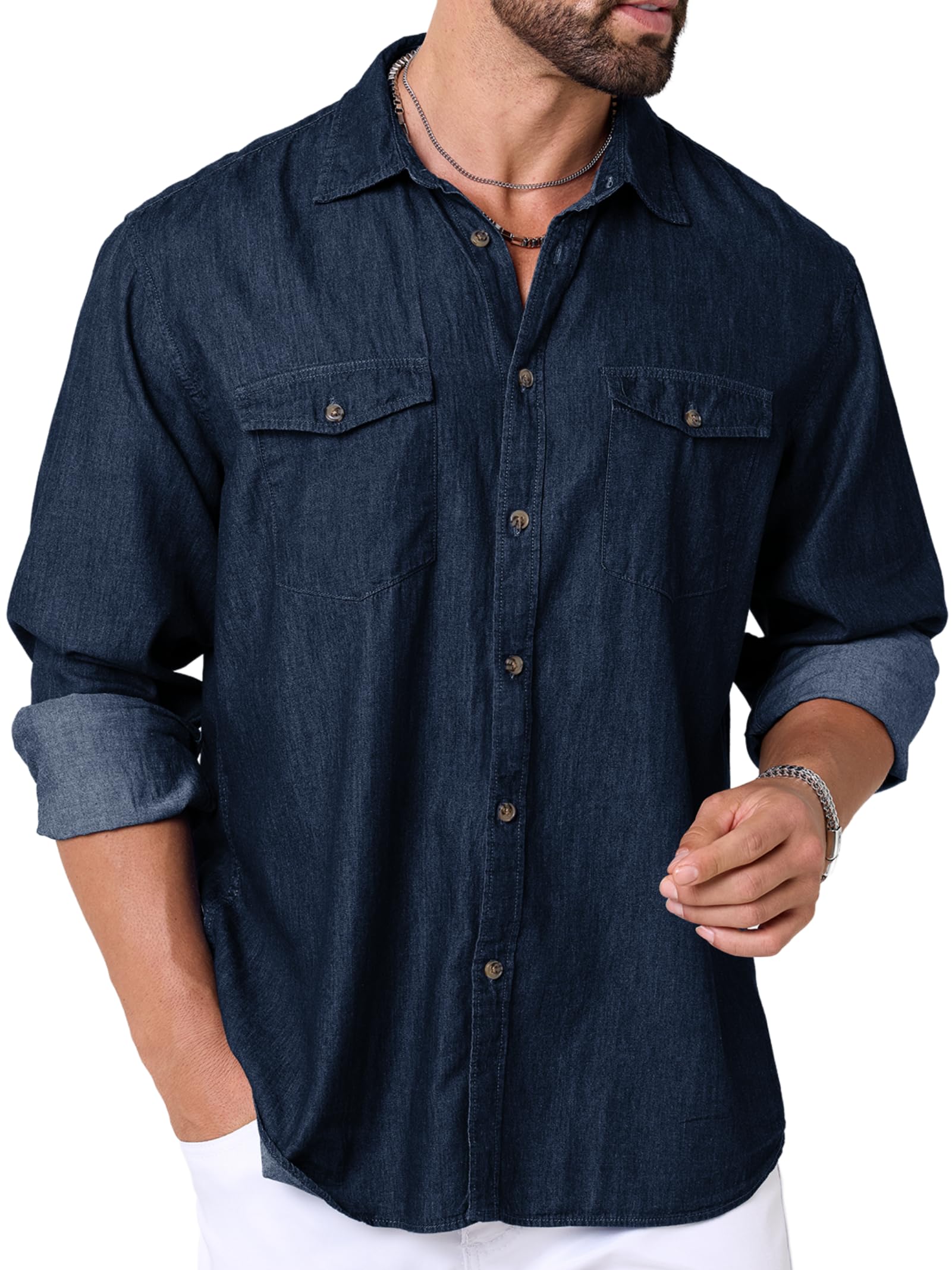 LUIGRAD Mens Button Up Shirts Long Sleeve Button Down Shirts with Two Pockets Work Shirts for Men