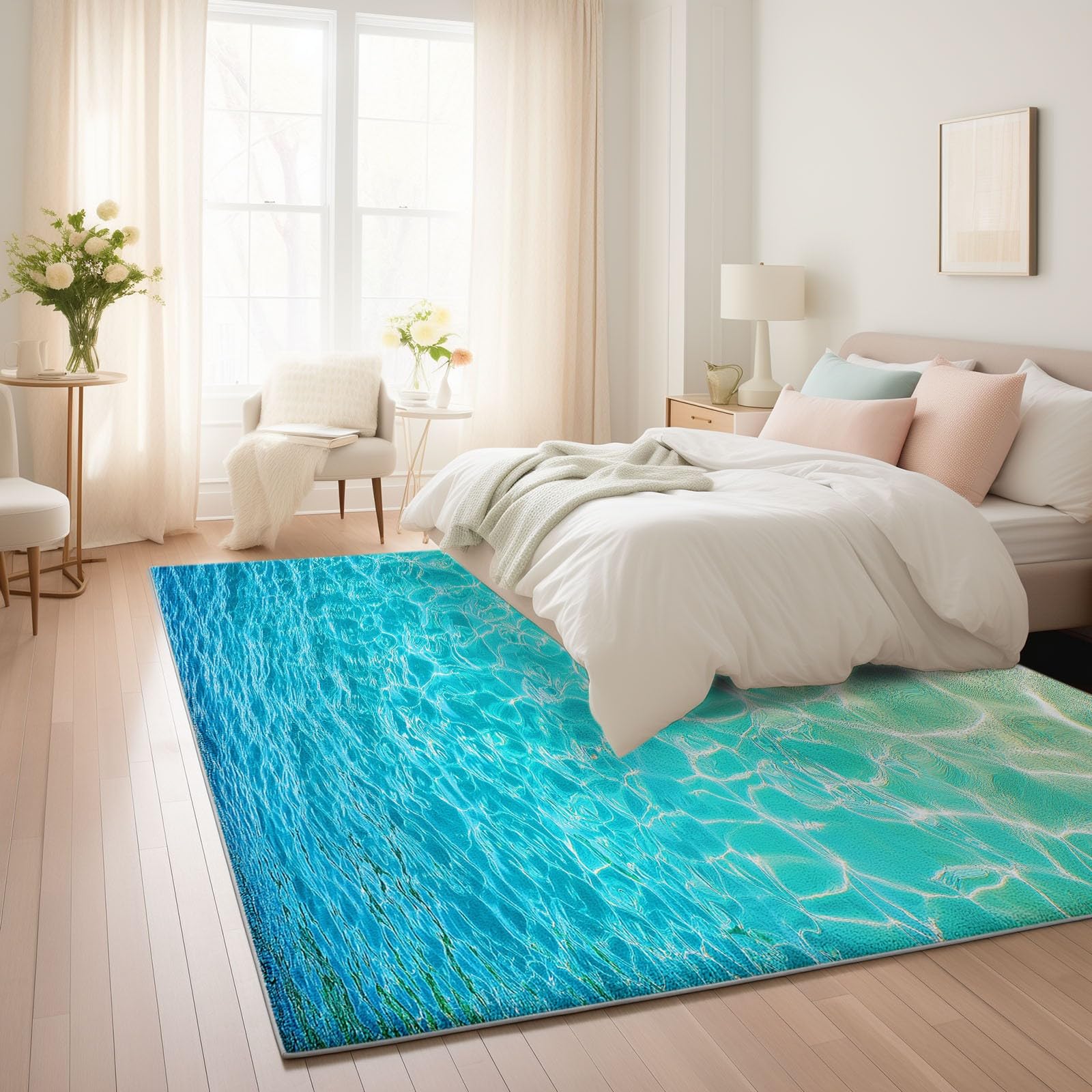 Generisch Waschbarer Teppich Flanell rutschfest - Moderner 3D Wasser Optik Läufer für Wohnzimmer, Küche & Flur, Kurzflor Bodenmatte für Erwachsene & Kinder, Blau80 x 150 cm
