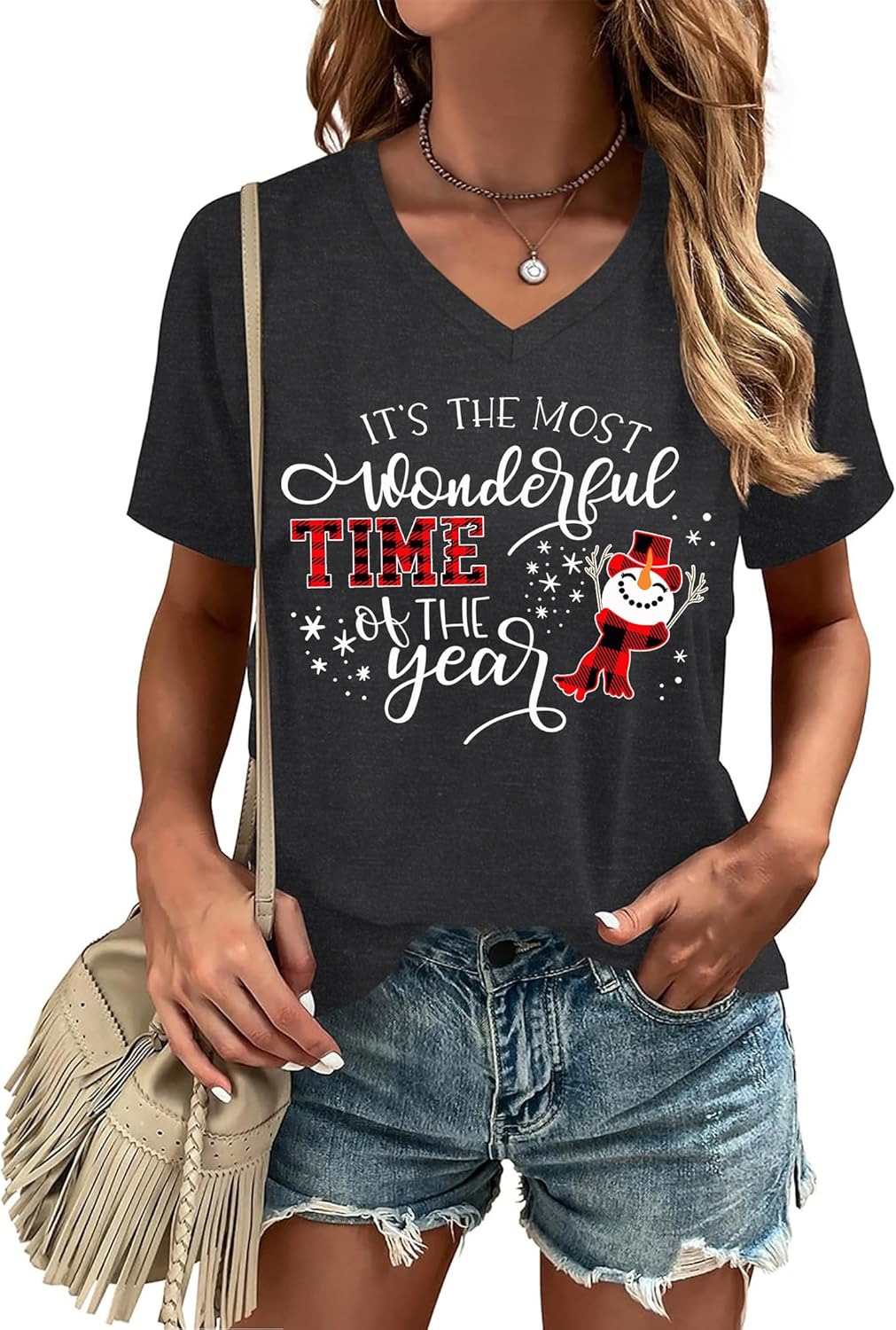 Christmas Shirts for Women: Merry Christmas V Neck T Shirt Xmas Tree Graphic Tees Christmas Vacation Short Sleeve Tops