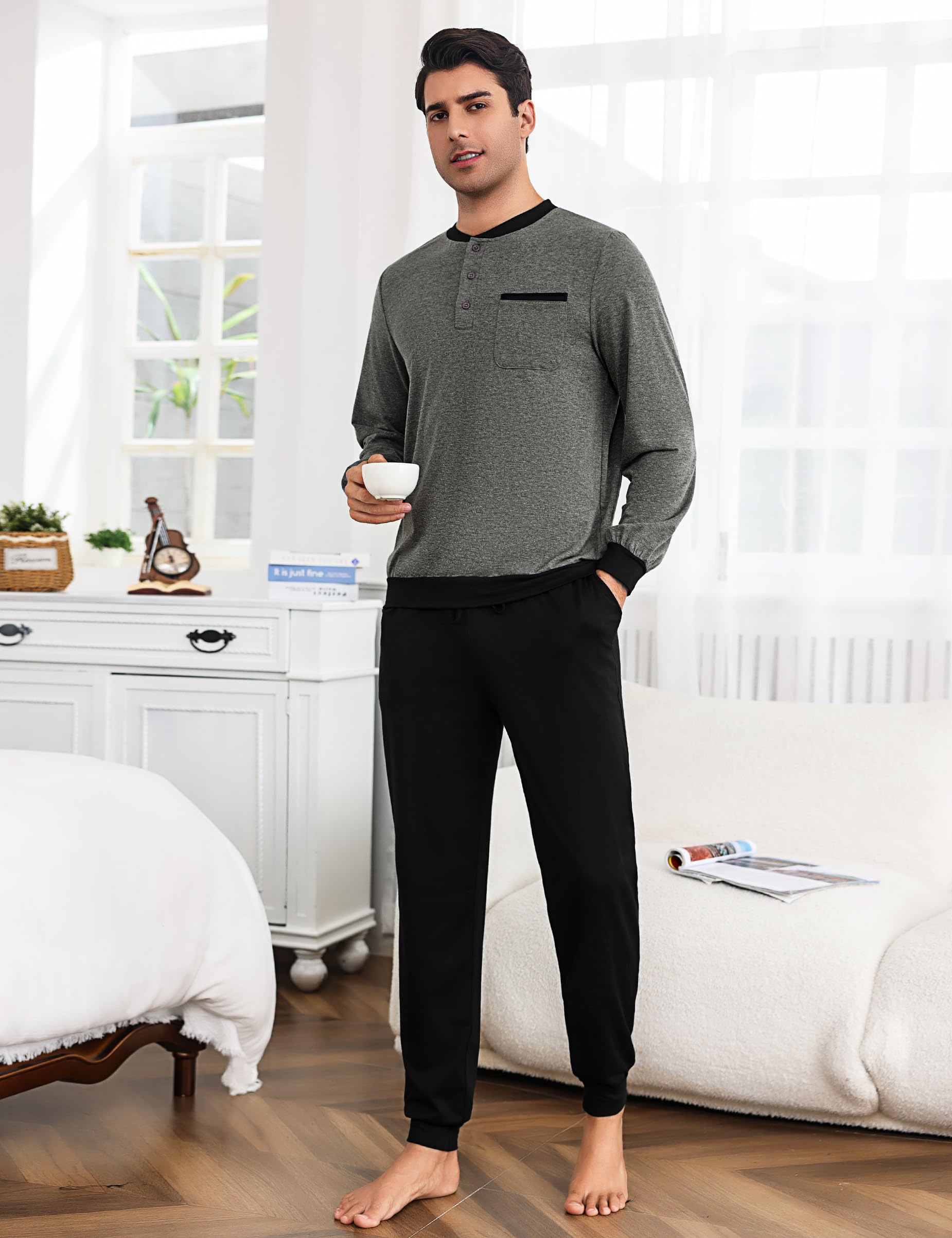 Bresdk Pigiama Uomo Invernale in Cotone Lungo a Maniche Lunghe e Pantaloni Pigiami Due Pezzi da Uomo con Tasche S-3XL
