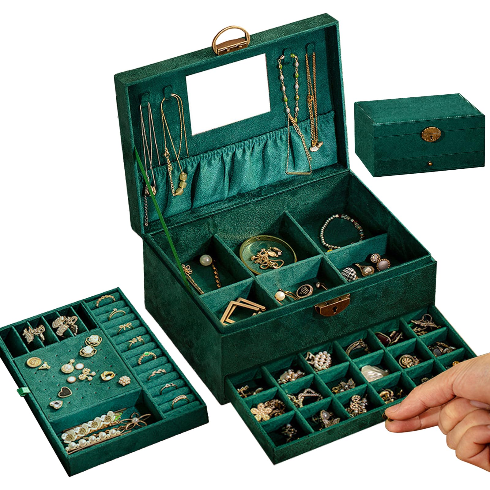 Boîte à bijoux en velours vert à 3 couches de luxe avec grand miroir intégré