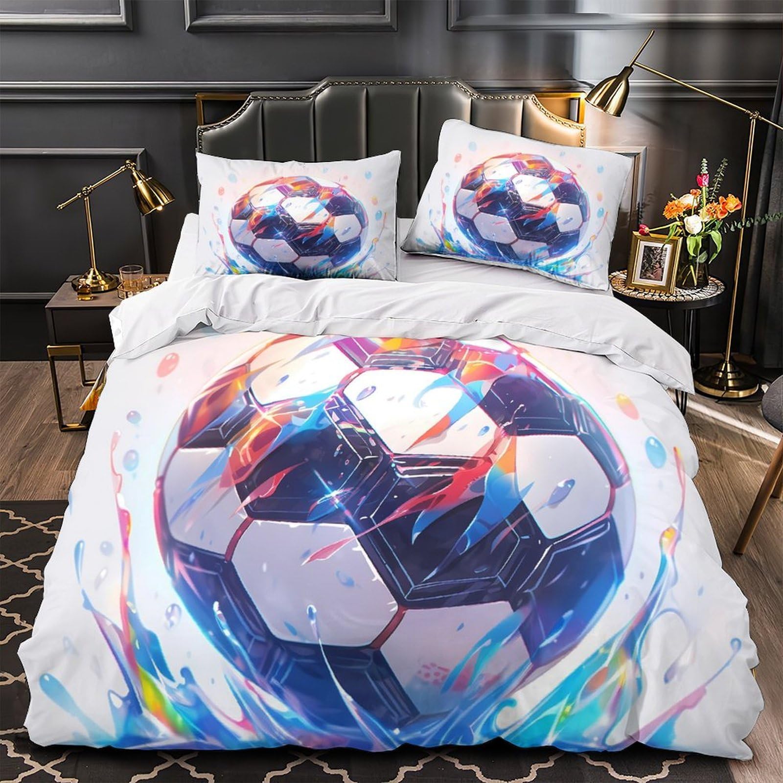 Housse de couette foot 3D respirante en microfibre pour lit enfant single