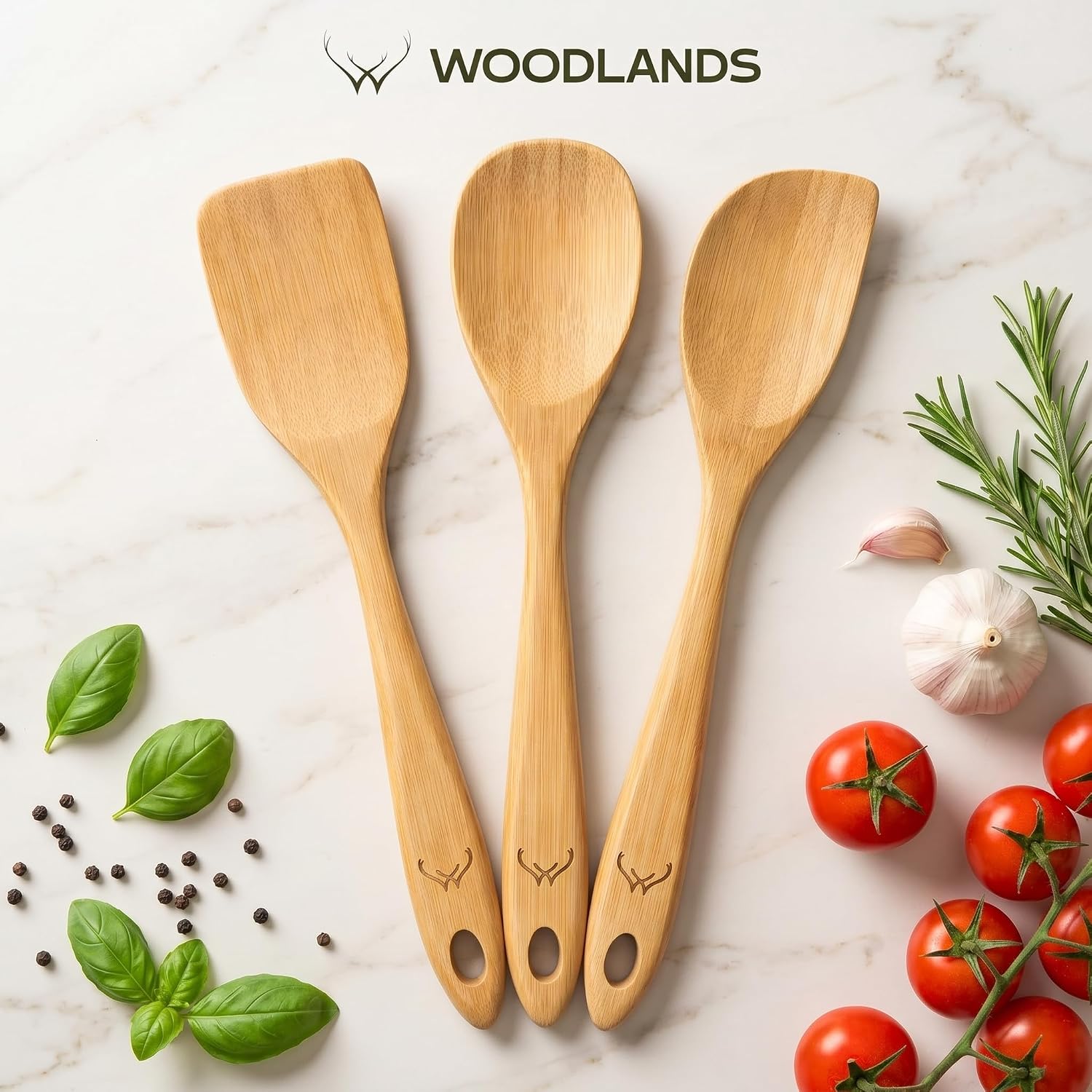 Prime Bamboo Wooden Spoons for Cooking Set of 3 Pcs – Wooden Cooking Utensils with Long Handle, Includes Flat Wood Spoon, Bamboo Spatula, and Slotted Spoon for Kitchen Utensils Set