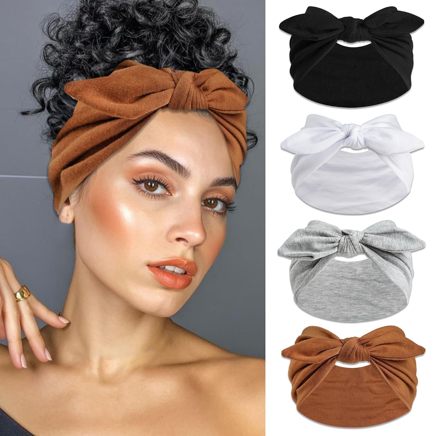 Bow Headbands For Women Elastic Soild Color Wide Hair Band 4Pcs