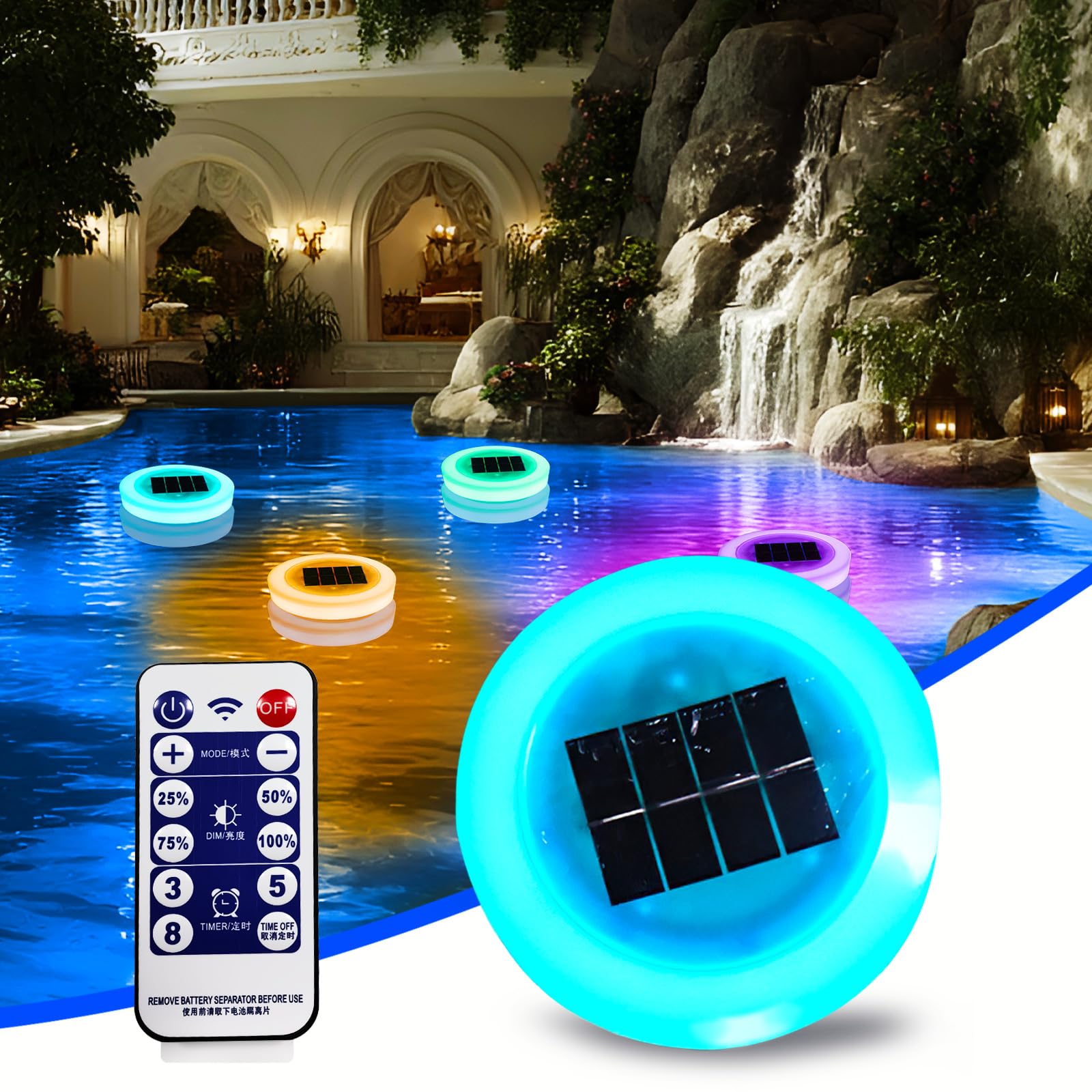 Luces Piscinas con Control Remoto, Luces Solares Flotantes para Piscinas, Luz Rgb Impermeable Que Cambia Color, Luz Subacuática Piscina, Luz Solar para Jardín, Luces Estanques