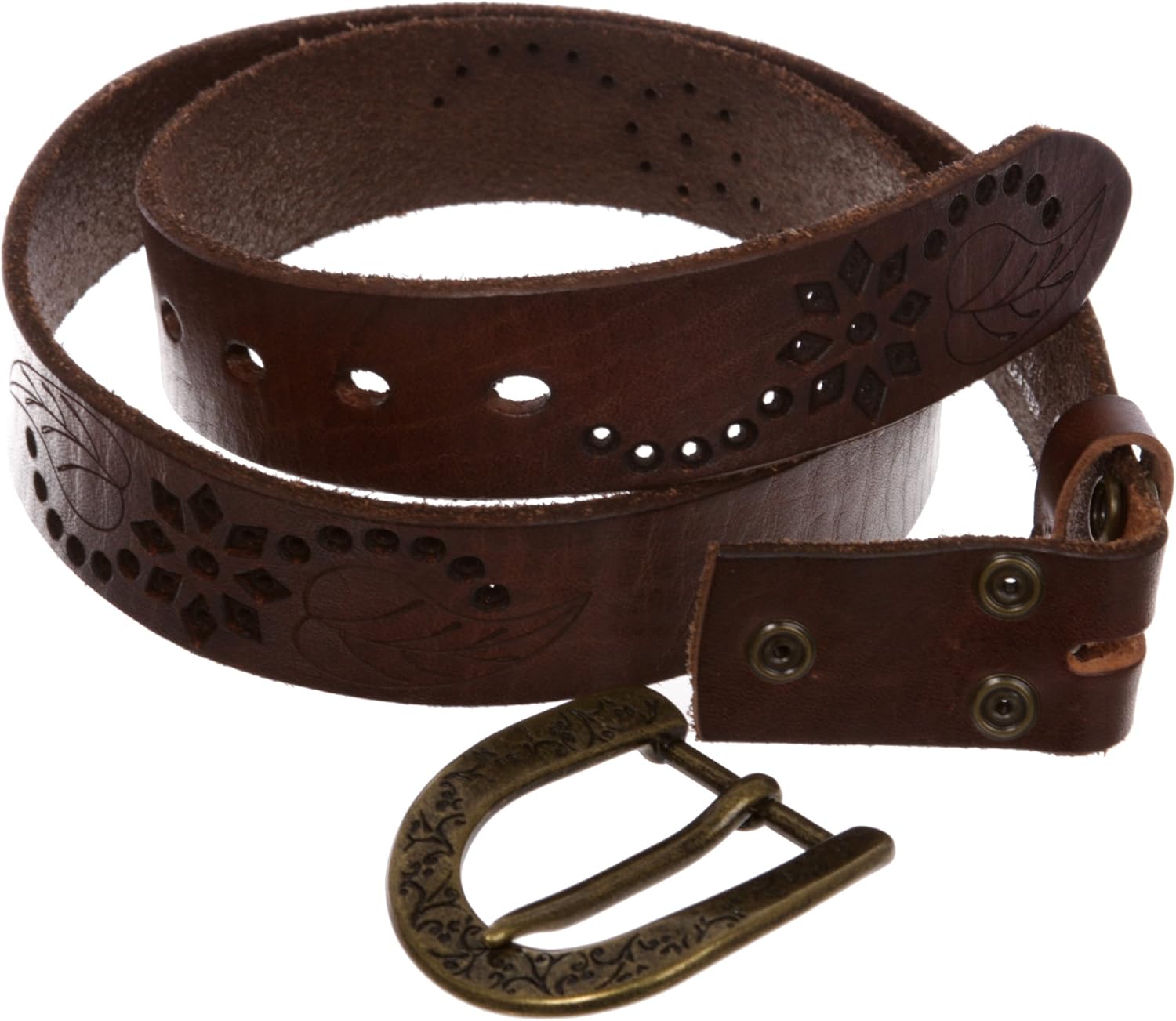 Snap On Soft Vintage Cowhide Full Grain Leather Floral Perforated Casual Belt