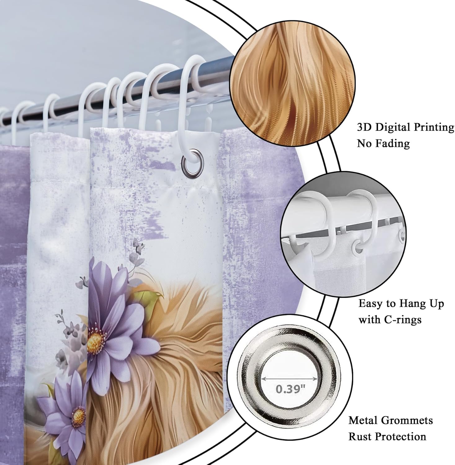 Riyidecor Purple Highland Cow 4Pcs Bathroom Shower Curtain Sets Western Rustic Daisy Floral Bathroom Decor Set with Rugs and Accessories Cute Toilet Lid Rug, Contour and Bath Mat with 12 Hooks