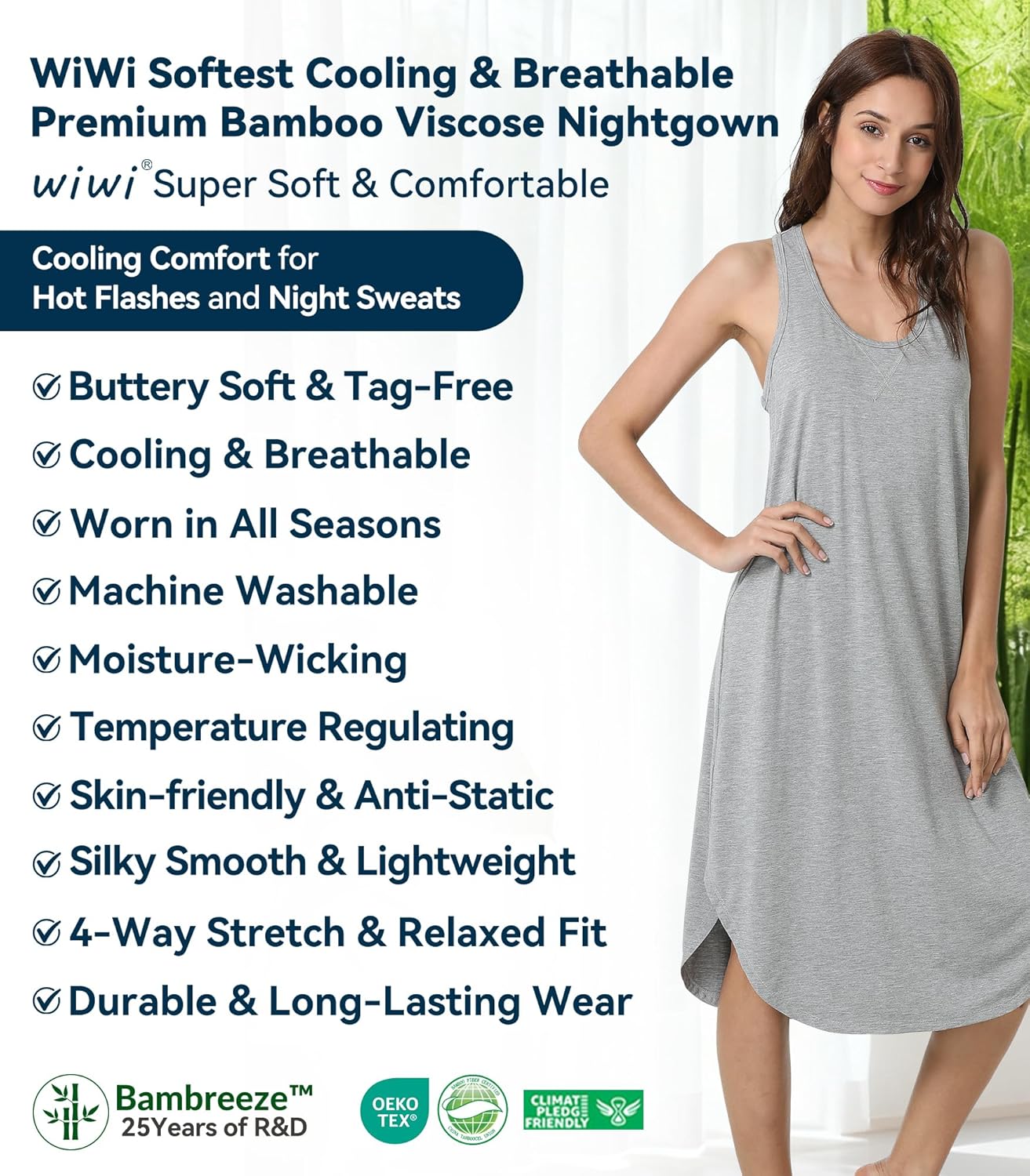 WiWi Nightgowns for Women Bamboo Viscose Super Soft Sleeveless Racerback Night Shirts Plus Size Cooling Sleepshirts S-4X - Image 8