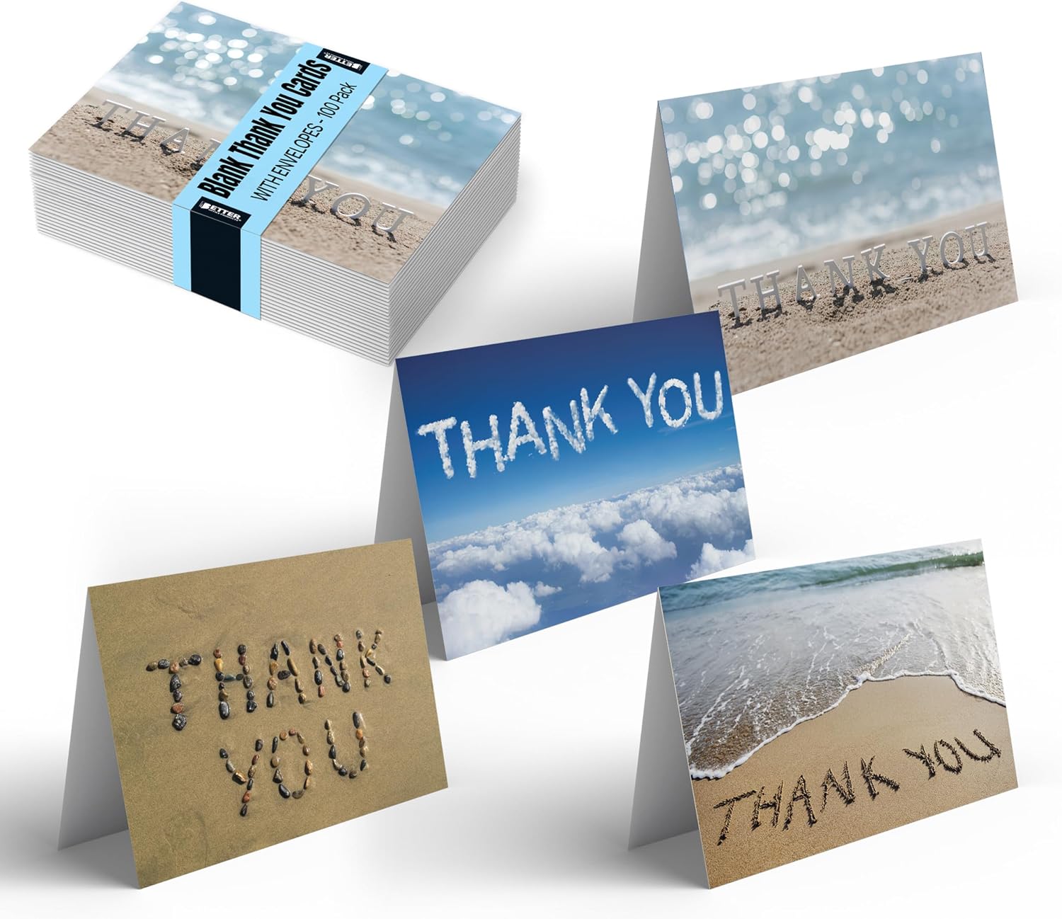 Better Office Products Thank You Cards with Envelopes (100 Pack), 4 Cover Designs, Blank Inside, All Occasions, Serenity Collection, 100 Pack