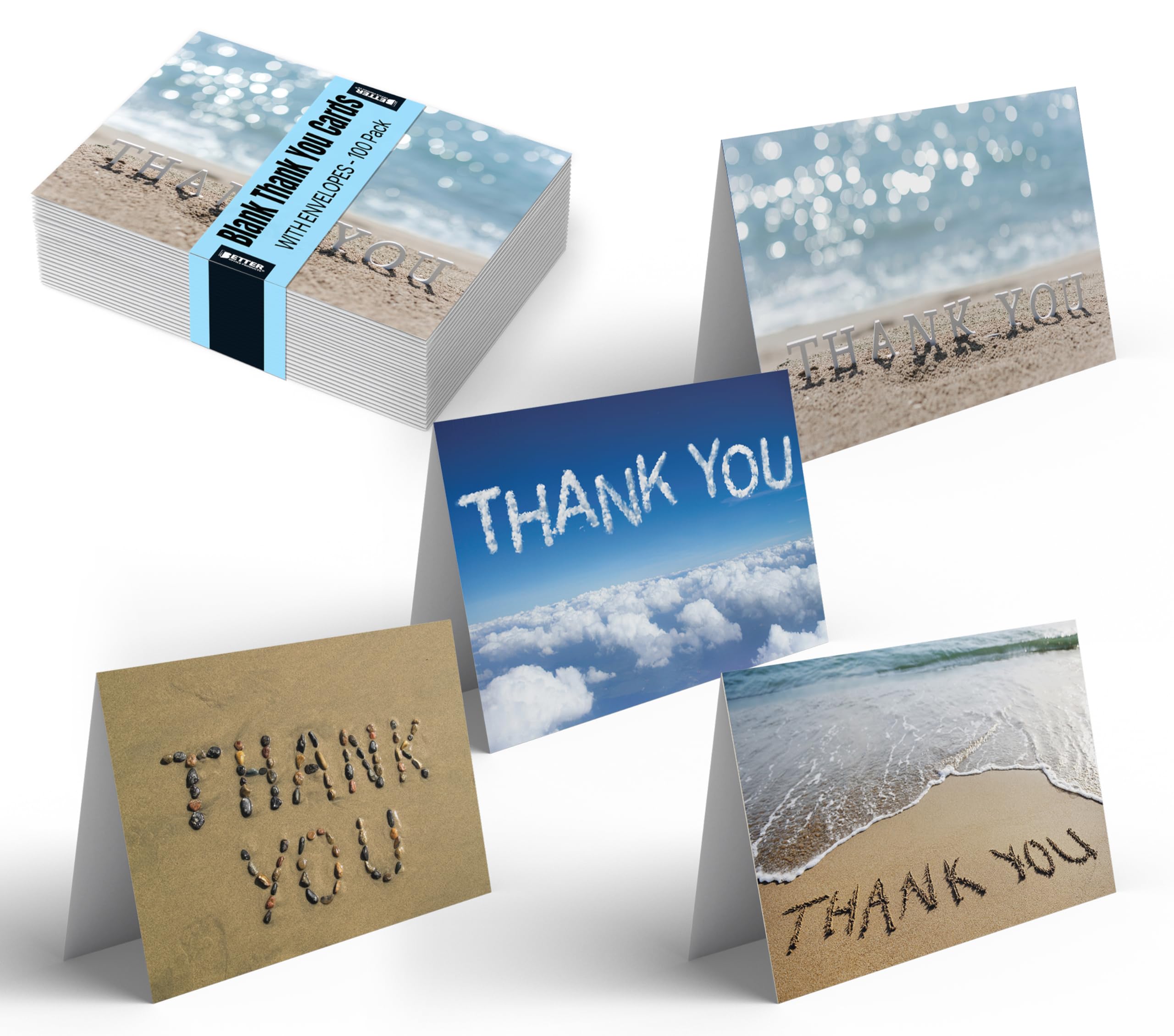 Thank You Cards with Envelopes (100 Pack), 4 Cover Designs, Blank Inside, by Better Office Products, All Occasions, Serenity Collection, 100 Pack