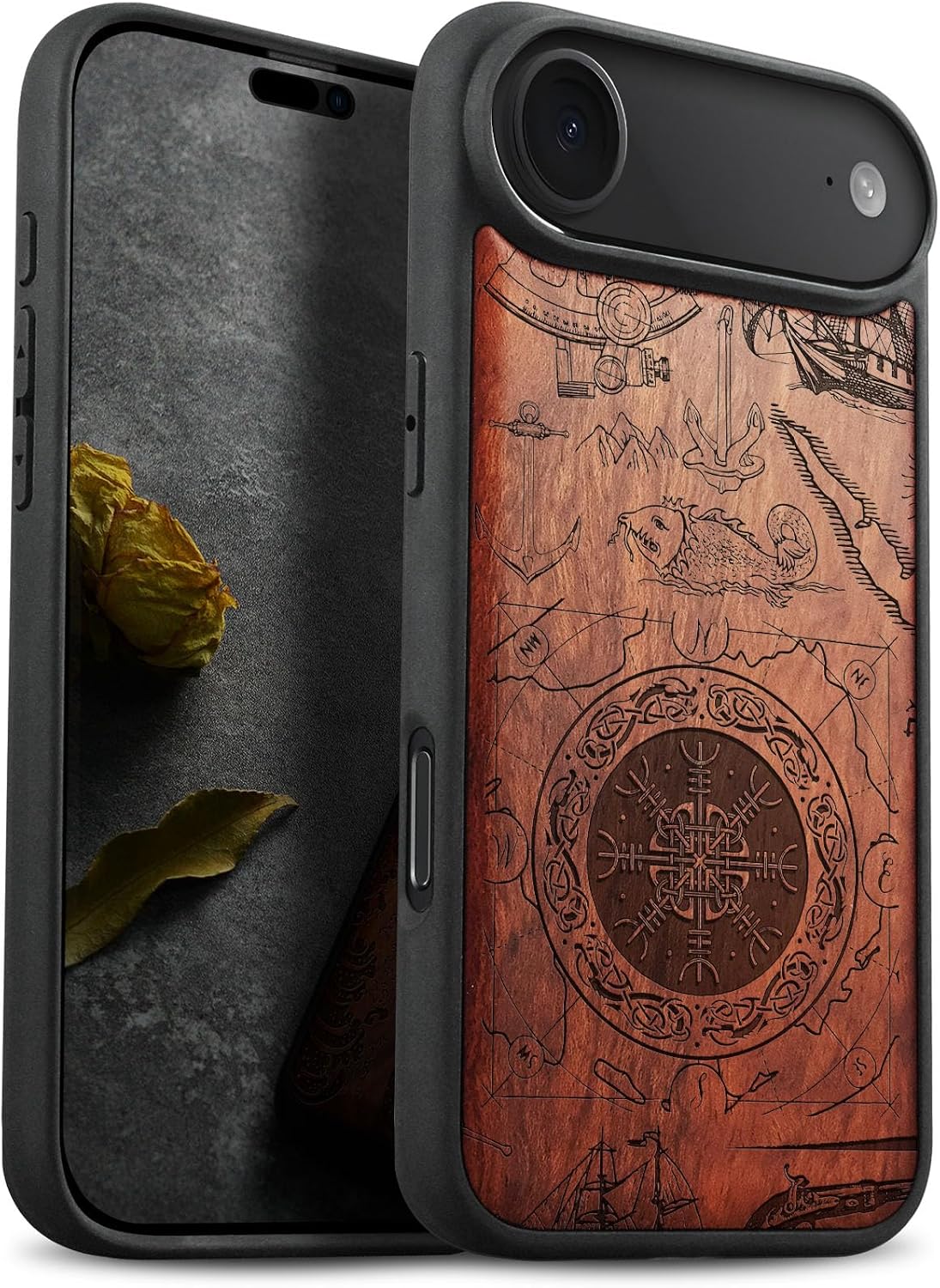 Carveit Magnetic Wooden Case for iPhone Air Case, Wood Artisan Engraved & Soft TPU Shockproof Cover, Compatible with MagSafe 17 Air Wireless Chargers (Viking Shield) Rosy