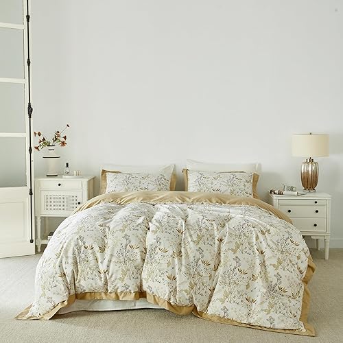 YuHeGuoJi Juego de funda de edredón botánica tamaño Queen, 100 % algodón, 3 piezas, 1 funda de edredón floral con plantas blancas de granja con
