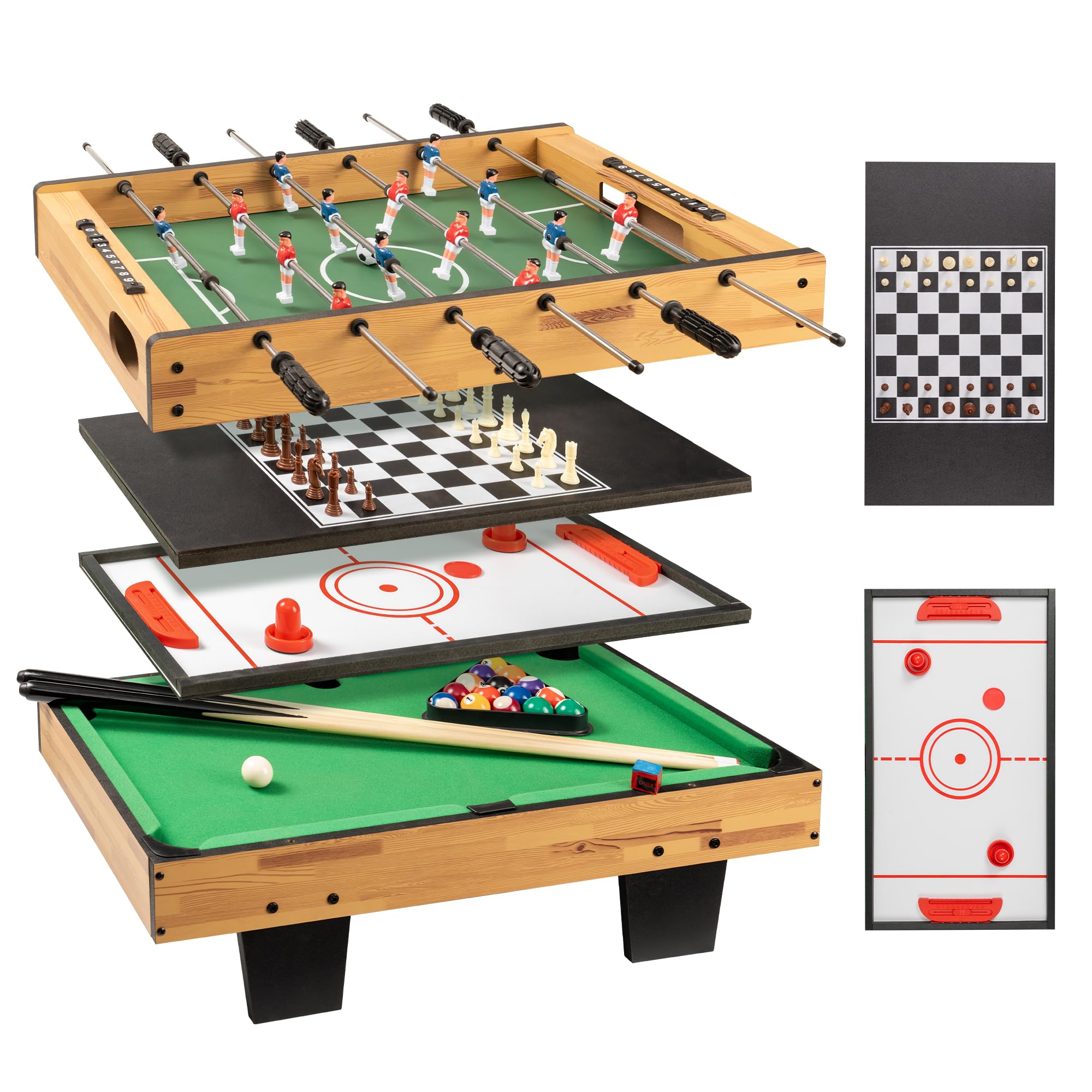 4 in 1 Multitisch Spieltisch für Kinder & Erwachsene - Mini Tischkicker, Billard, Airhockey & Schach - Platzsparendes Kombi Tischspiel Set für Familie & Party (69x41cm)