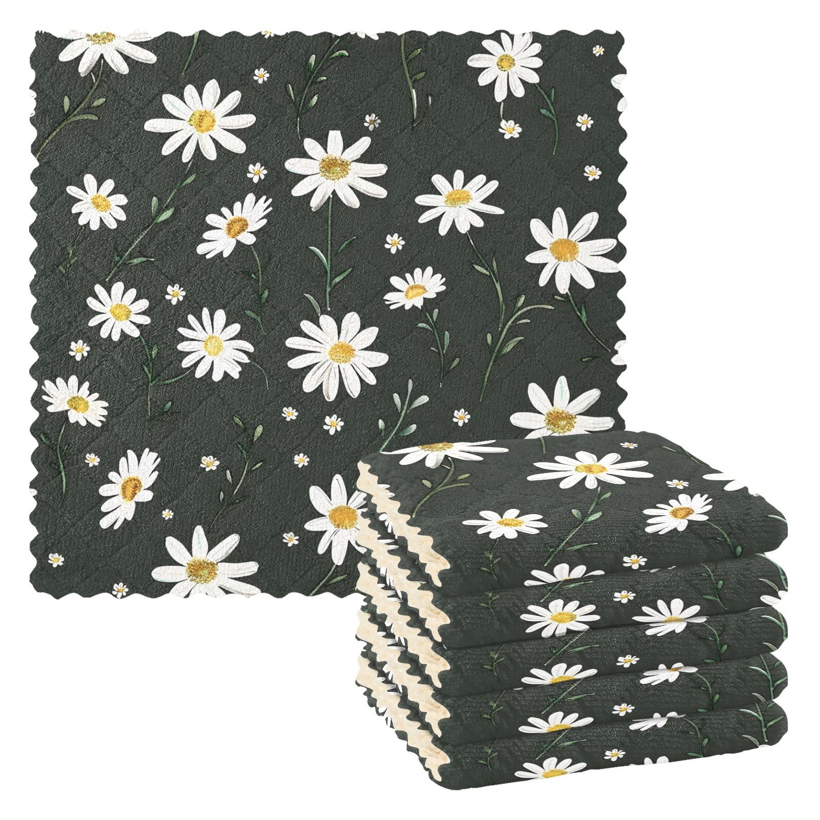 Mnsruu Microfibre Cleaning Cloths Daisies Black Reusable Dish Cloths for Washing Up 6 Pack Swedish Dishcloth Microfibre Cleaning Towels Washable Duster Rags Cloth Home