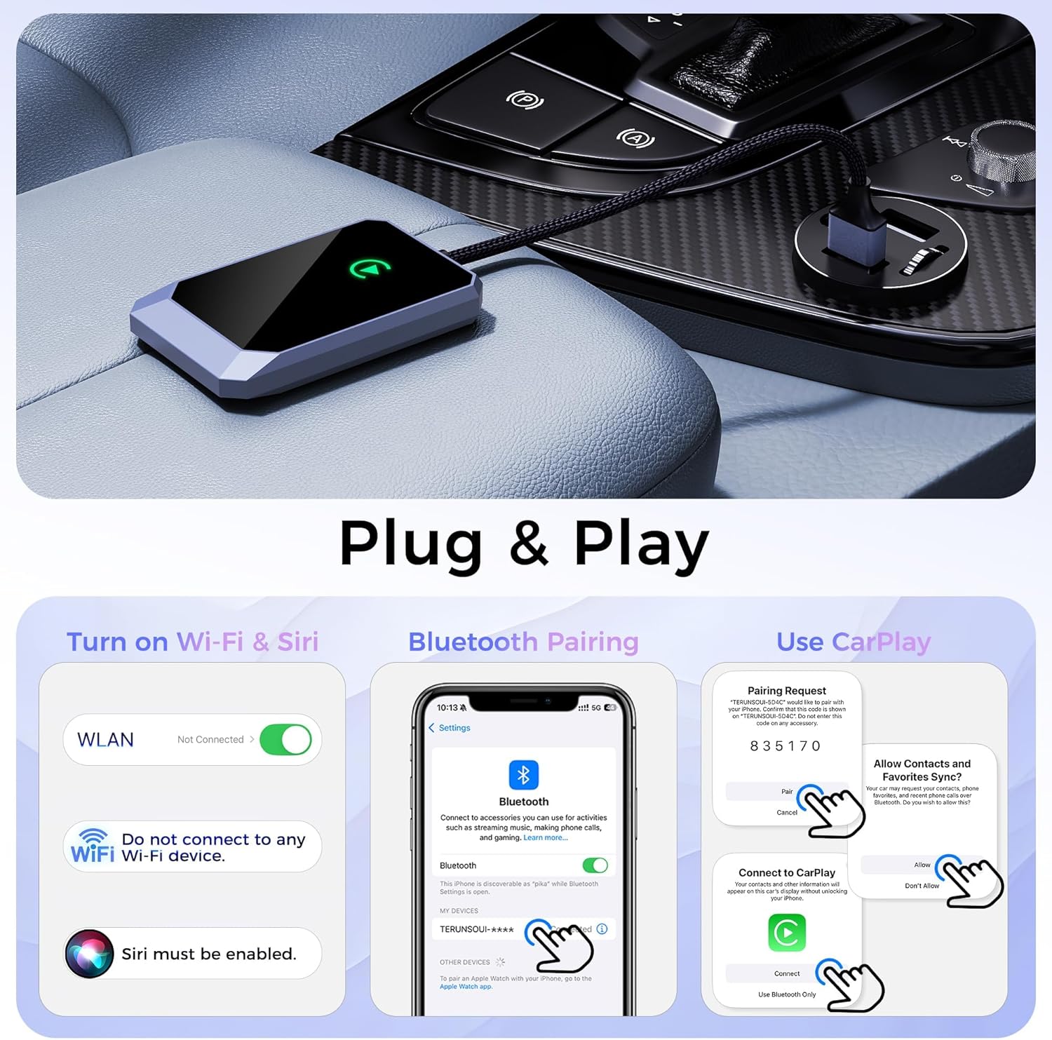 Wireless CarPlay Adapter for Apple iPhone, Convert Wired CarPlay to Wireless, Plug-and-Play, Stable Connection Compatible with OEM Wired CarPlay Vehicles & iOS 10+ - Image 5