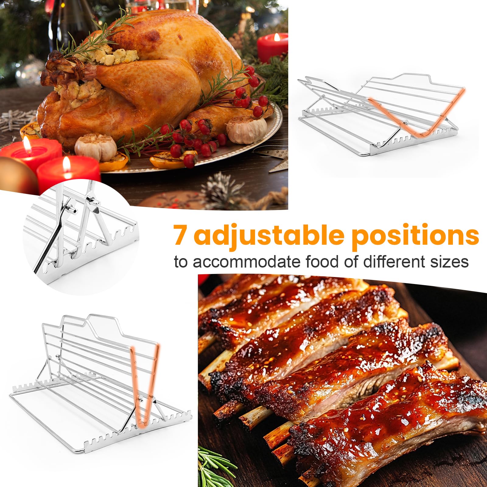HYSHLC Adjustable Chicken Roasting Rack, Universal Rib Roasting Rack V-Shaped Turkey Roasting Rack 27.6 x 26.2cm Baking Rack for Oven Cooking for Most Smoker, Ovens(Silver)
