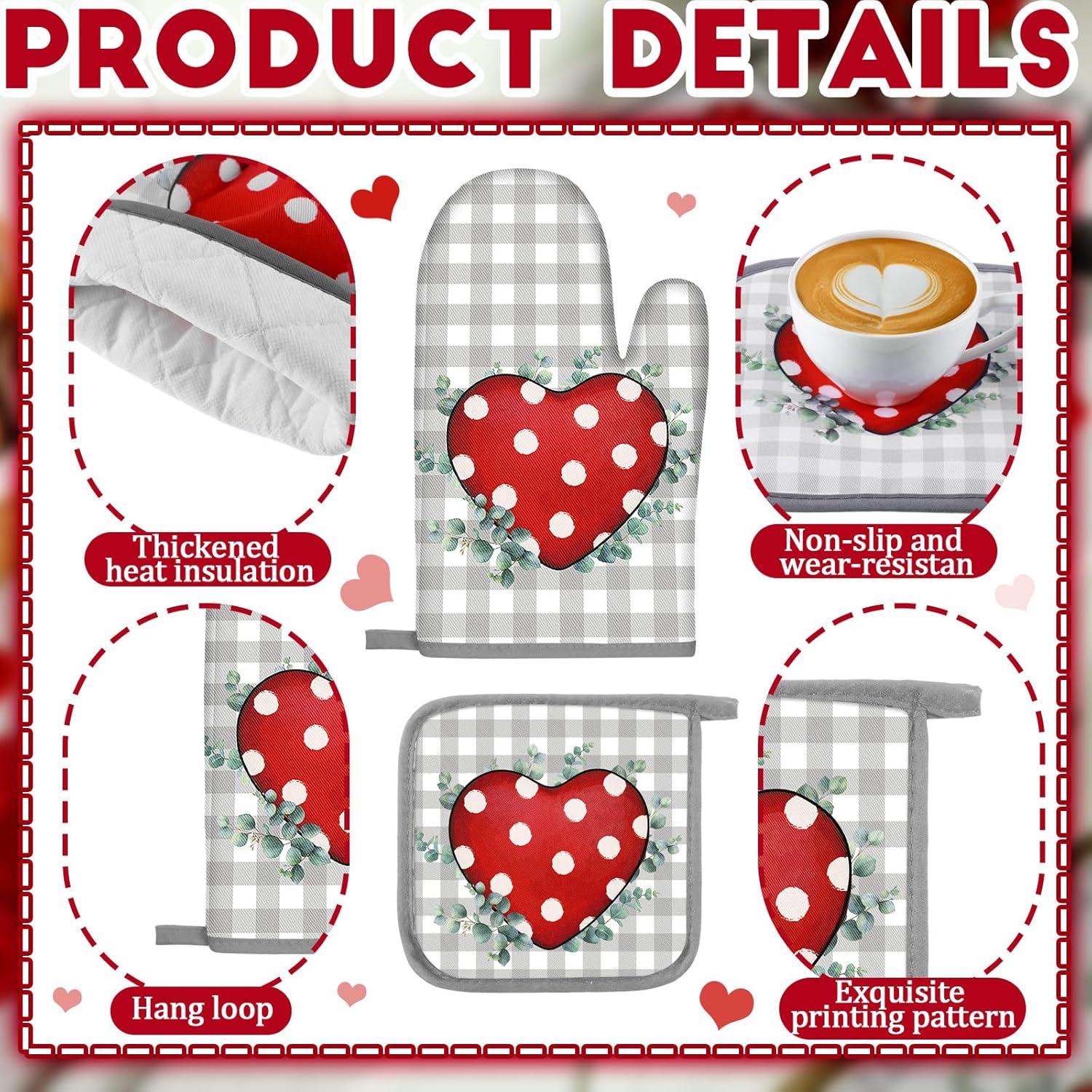 VitalCozy Set of 10 Valentine's Day Kitchen Towels Heart Kitchen Mats Oven Mitts and Pot Holders Set Absorbent Red Tea Hand Towels Valentine's Day Decorative Towel for Baking Cooking BBQ - Image 4