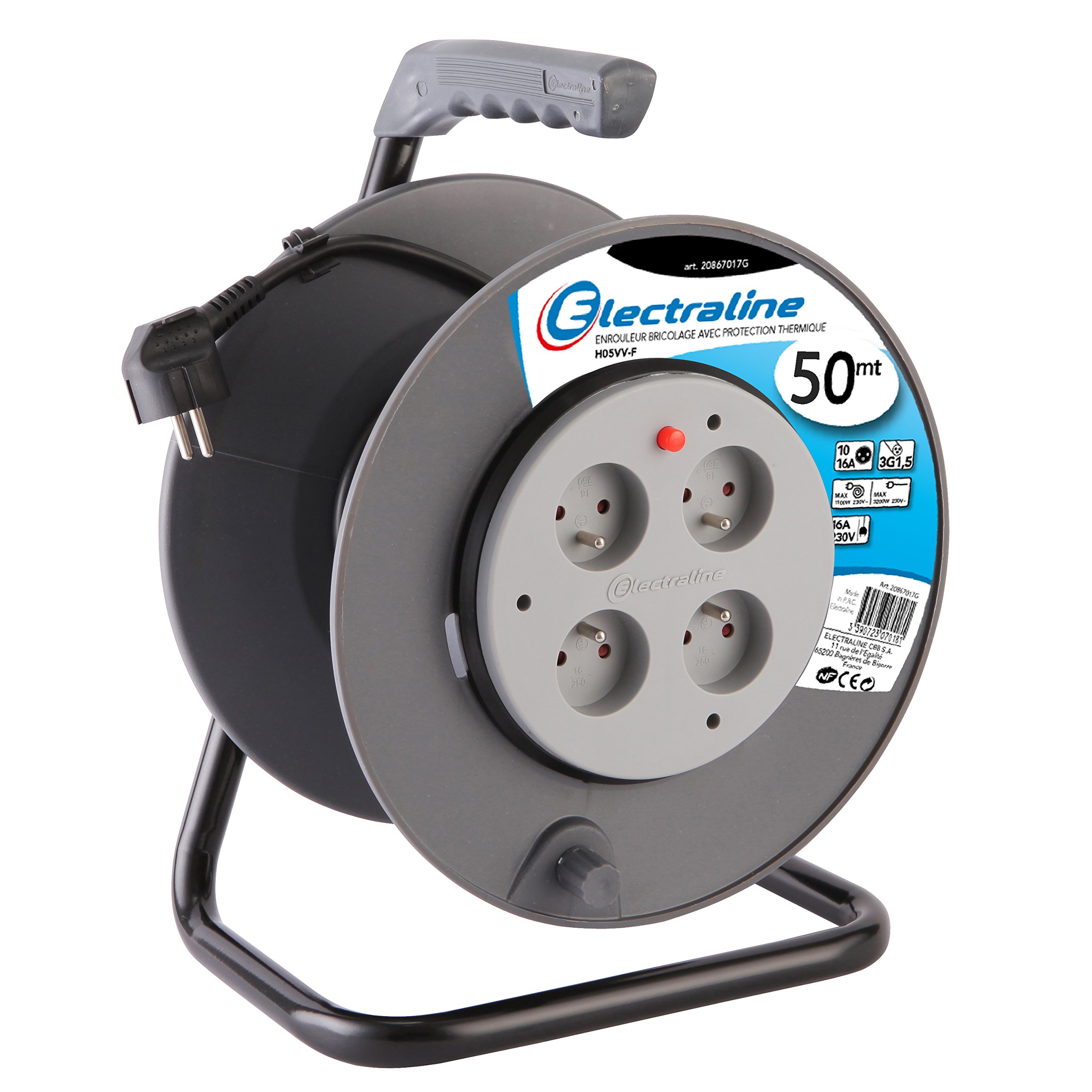Electraline 20867019F Rallonge Prolongateur électrique 50 m avec enrouleur 4 Prises 16 A section 3G1,5 mm² Gris