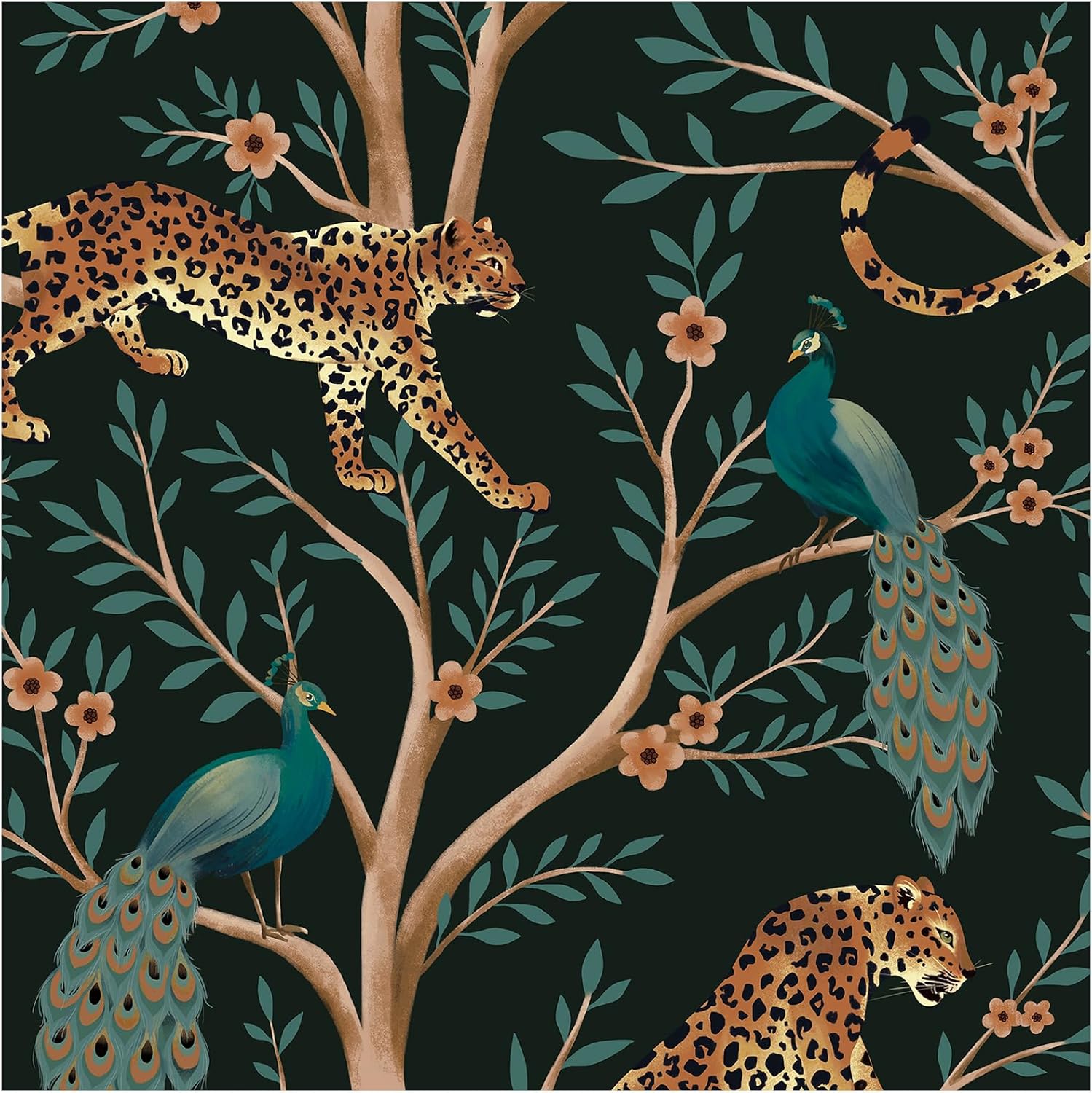 HAOKHOME Leopard Peel and Stick Wallpaper Boho Jungle Animal Wall Paper Cheetah Floral for Bedroom Bathroom Contact Paper Dark Green/Brown 17.3in x 9.8ft