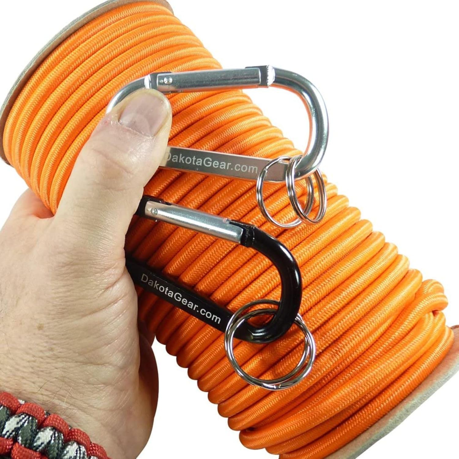 Neon Orange 1/4in x 50ft. Shock Cord Marine Grade. Also Called Bungee Cord, Stretch Cord & Elastic Cord. Made in USA. Including 2 Carabiners.