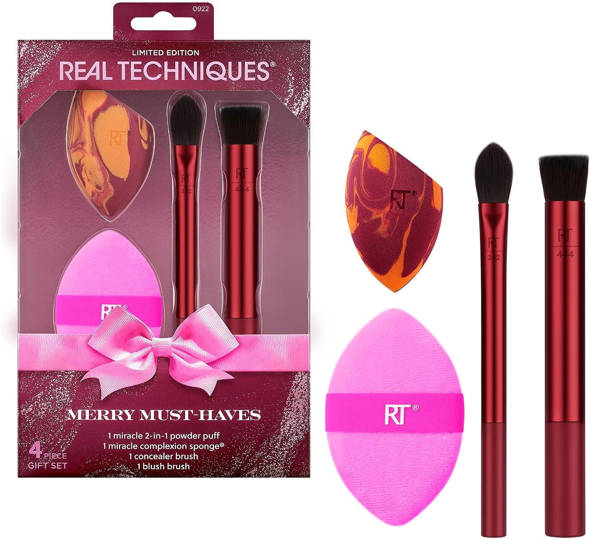 Merry Must-Haves Holiday Gift Set, 4-Piece Brush Set | Seamless blending with a makeup brush set with makeup sponge, powder puff, concealer brush and cream blush