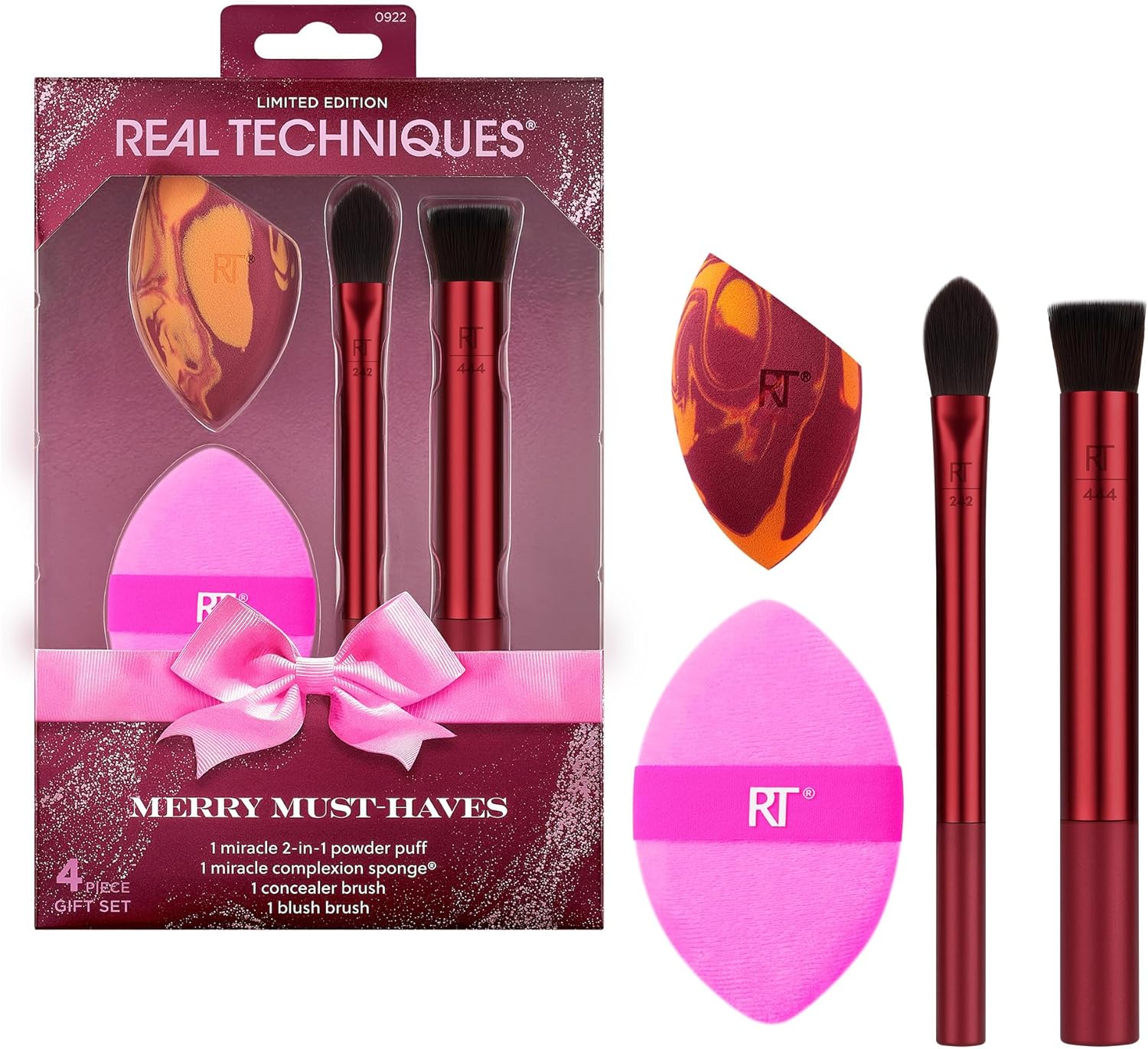 Real Techniques Merry Must-Haves Holiday Gift Set, 4 Piece Brush & Sponge Set for Foundation, Cheeks & Powder, Stocking Stuffer, Gift for Her, Cruelty-Free & Vegan