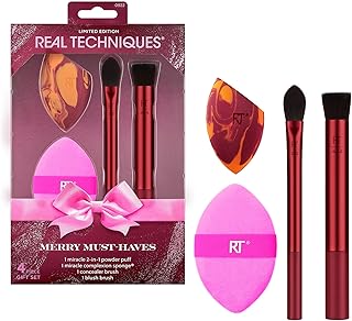 Real Techniques Merry Must-Haves Holiday Gift Set, 4 Piece Brush & Sponge Set for Foundation, Cheeks & Powder, Stocking Stuffer, Gift for Her, Cruelty-Free & Vegan