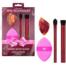 Real Techniques Merry Must-Haves Holiday Gift Set, 4 Piece Brush &amp; Sponge Set for Foundation, Cheeks &amp; Powder, Stocking Stuffer, Gift for Her, Cruelty-Free &amp; Vegan