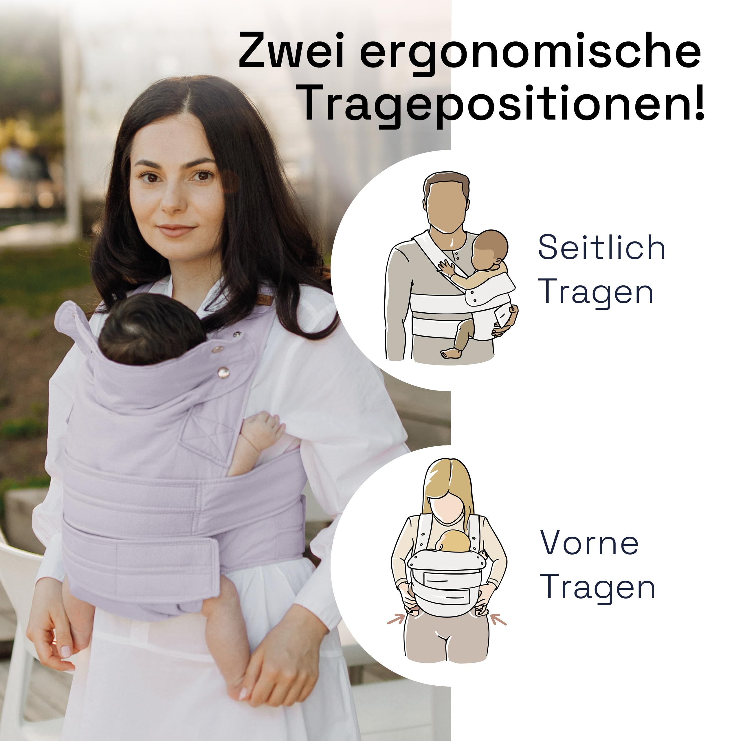 marsupi Babytrage für Neugeborene ab Geburt bis 15kg - kompakte Babytrage mit stabilem Klettsystem - aus luftigem Baumwoll-Leinen-Gewebe, Lilac (S/M)