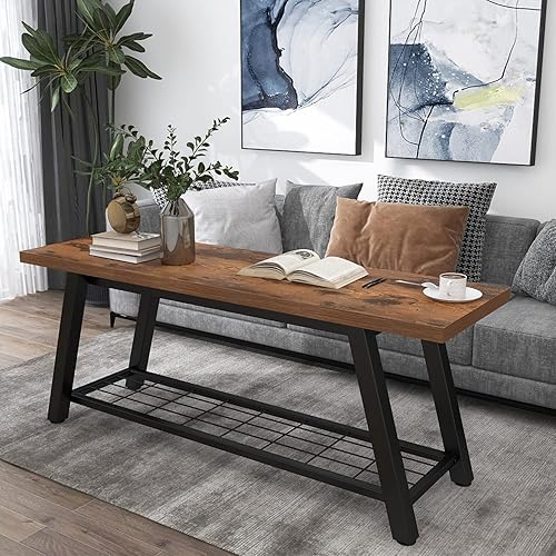 Miniatura 4 de Banco de almacenamiento industrial rústico de madera y metal para zapatos de entrada, estante de almacenamiento, asiento largo para pasillo,