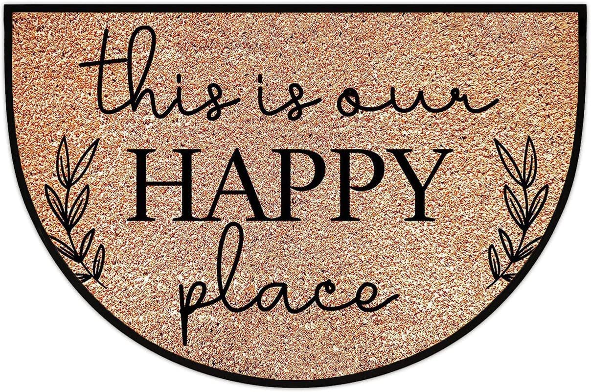This is Our Happy Place Half Round Door Mat Outdoor Entrance,for Outside Entry 18x30 in Wear Resistant Semi Circle Floor Mats Area Rugs for Kitchen