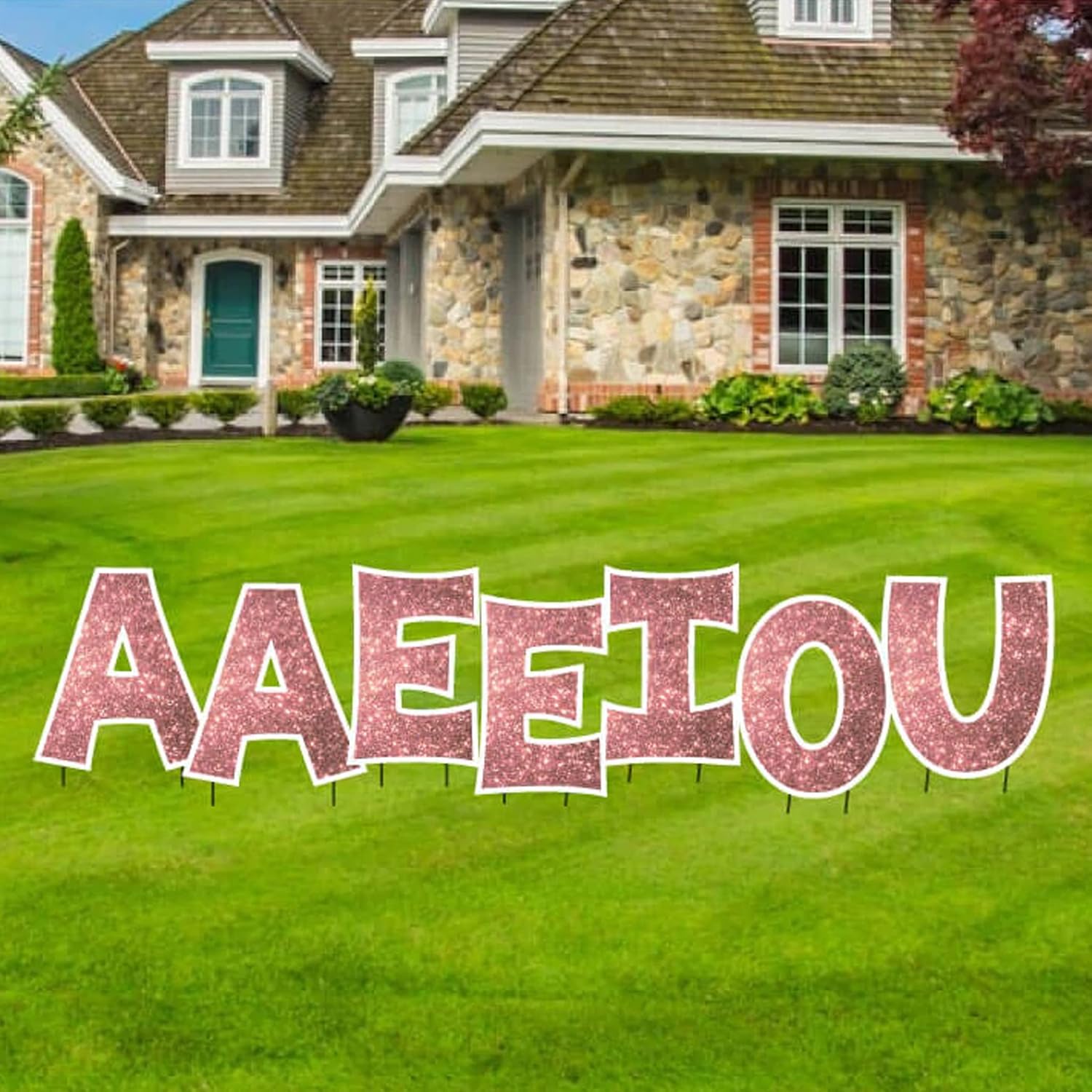 VictoryStore Sparkle Print Yard Letters: KG 24 Inch Vowel Yard Sign Letters, 7 Piece Set, use for Yard Card Rental Business, Includes Stakes (Rose Gold Sparkle)