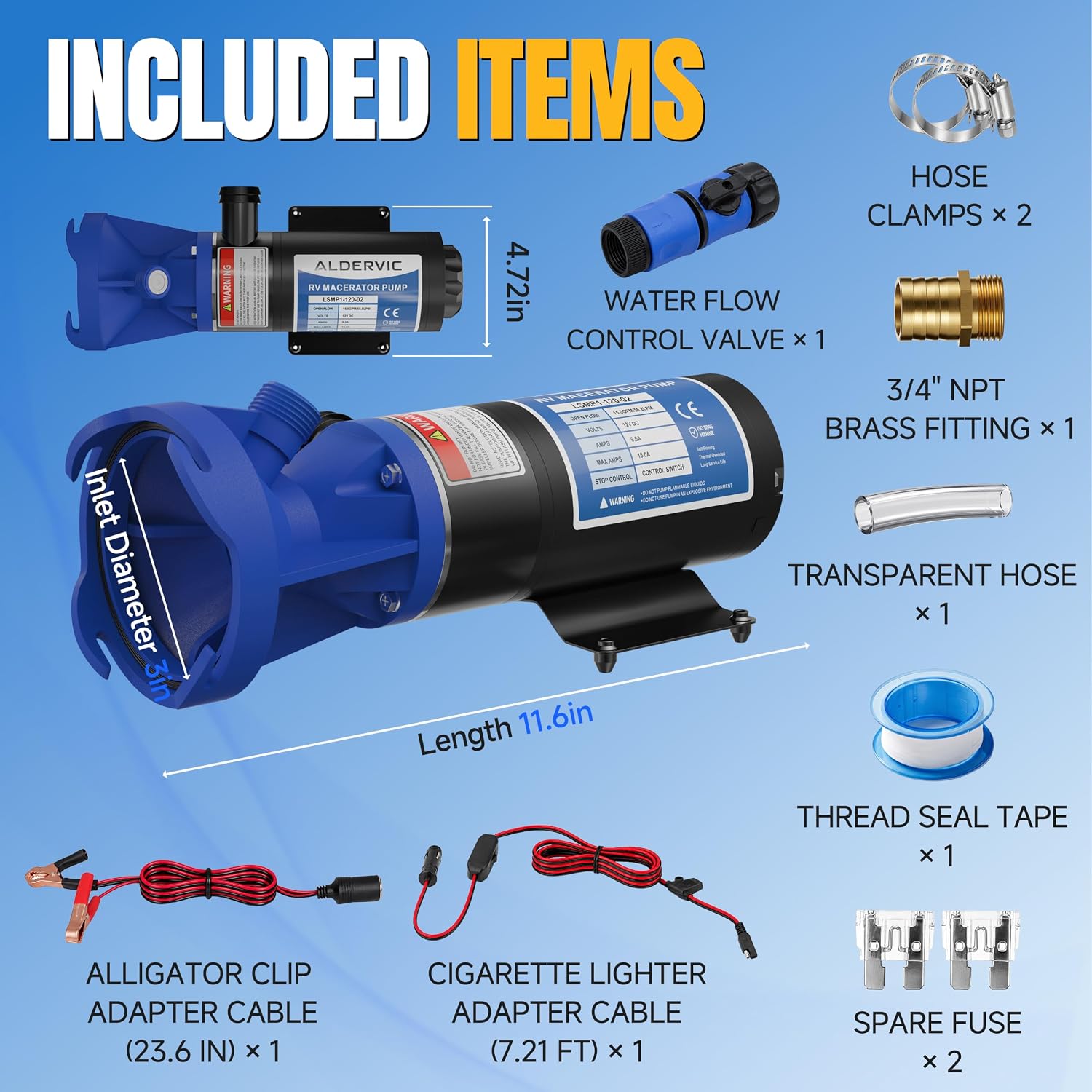 12V RV Macerator Pump, 15 GPM RV Waste Water Sewer Pump with Quick Release & Garden Hose Discharge Port, 9.8 ft Max Head Self Priming Macerator Waste Pump for RV Camper Travel Trailer Boat