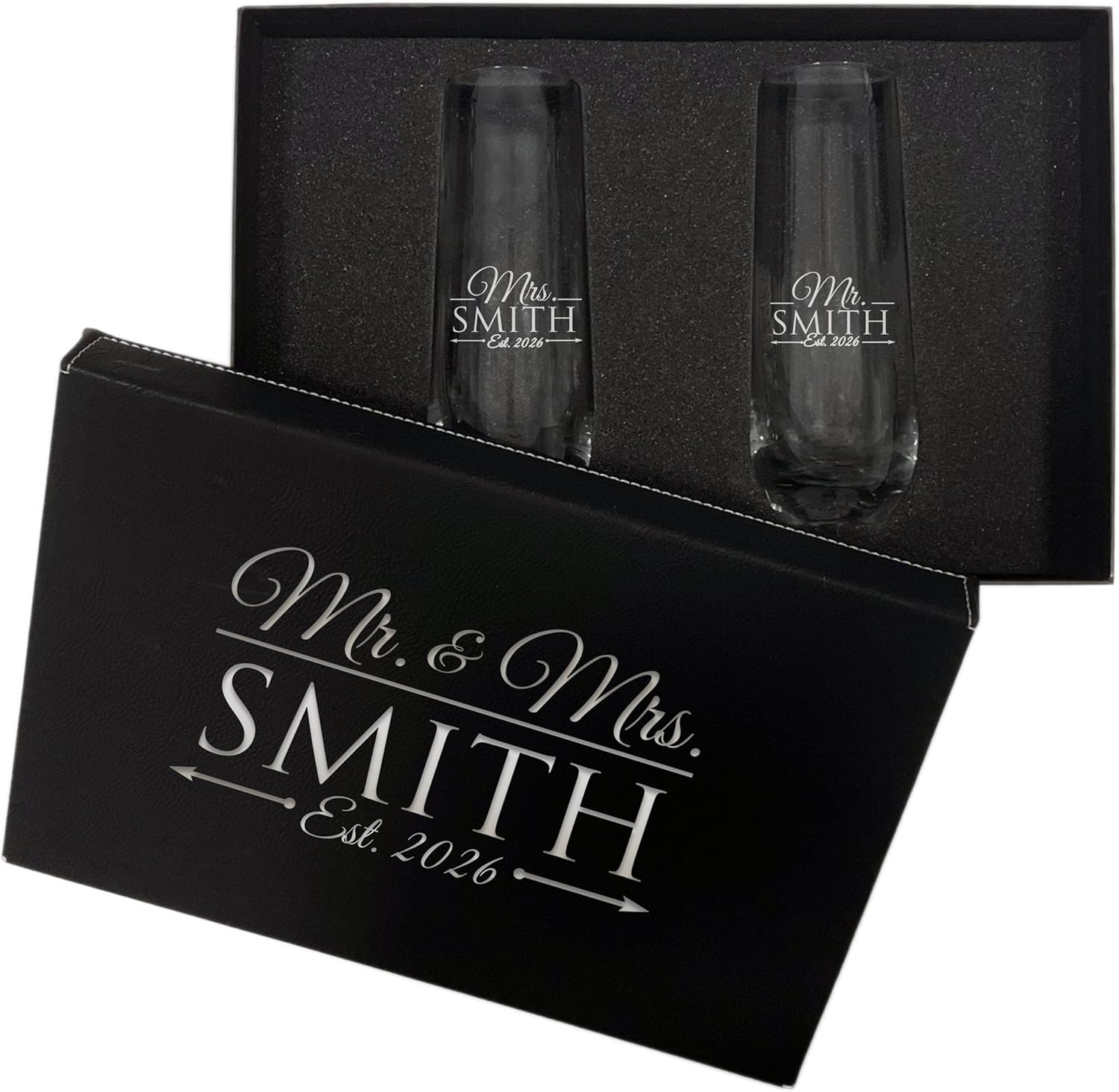 The Wedding Party Store Mr and Mrs Toasting Stemless Champagne Flutes Glasses - Customized Engraved Wedding for Couples - Custom Monogrammed - Set of 2