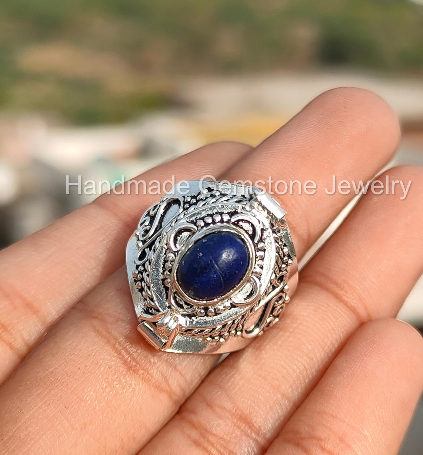 Lapis Lazuli Ring, Poison Box Ring, Poison Ring, Storage Box Ring, Locket Ring, Blue Sapphire ~ Gemstone Box Ring, Oval Stone Ring, Poison Pill Box, Handmade Poison Ring