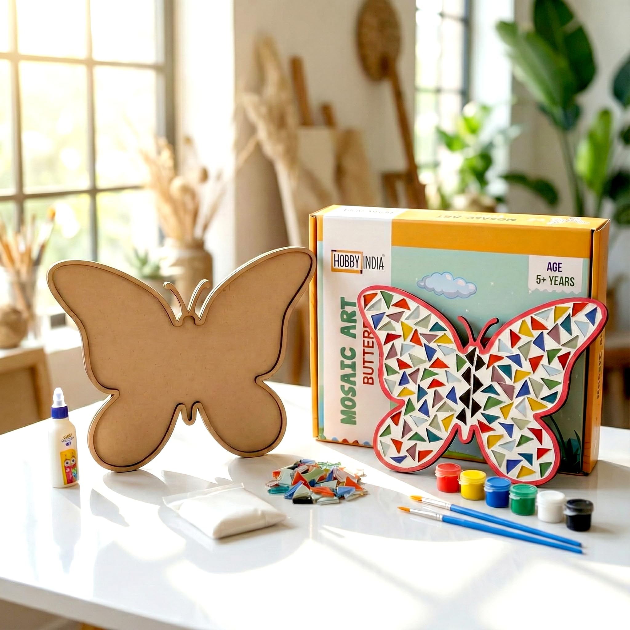 HOBBY INDIA Mosaic Art Kit for Kids & Adults | DIY Mirror Craft Set with Tiles, Stickers & Butterfly Designs | Creative Wall Decor Activity | Birthday Gift for Boys & Girls (Butterfly Mosaic Art Kits)