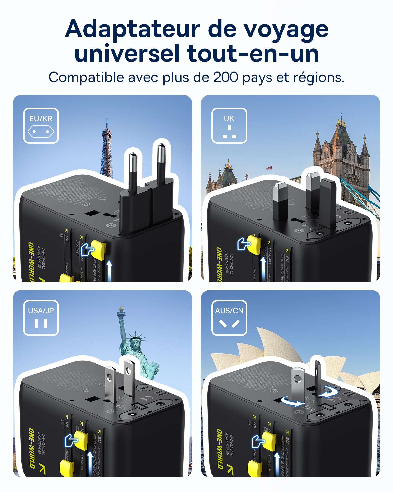 Baseus Enercore Adaptateur Prise Universelle 70W avec Câble Rétractable, Chargeur de Voyage International avec 2 Prises AC + 2USB-A + 1USB-C, Compatible avec Les USA, UK, Chine, Japon, Thaïland