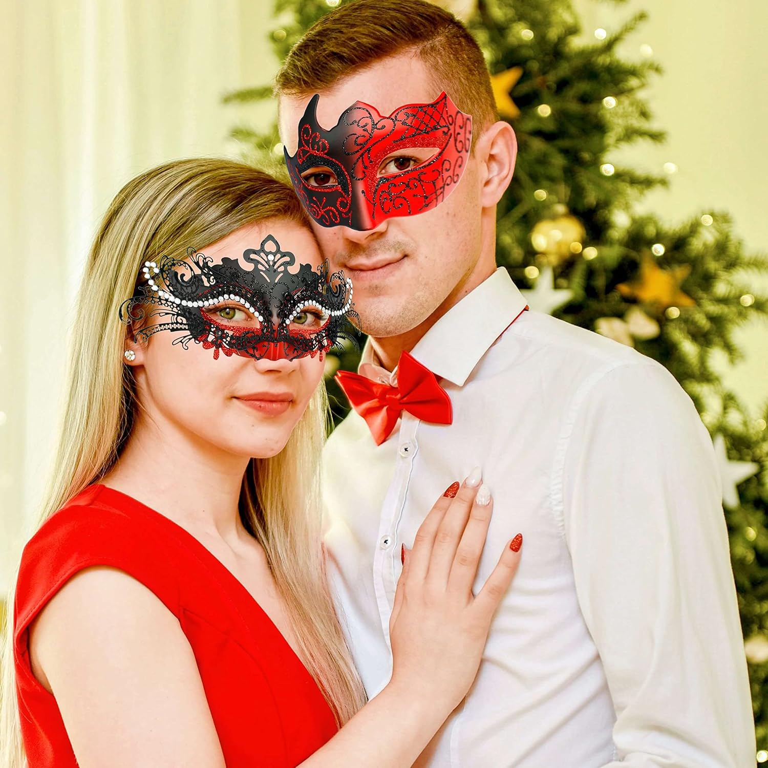 Miniatura 5 de MYSEUNI Máscaras de máscaras para parejas máscara veneciana de filigrana de metal brillante con diamantes de imitación y máscara veneciana para