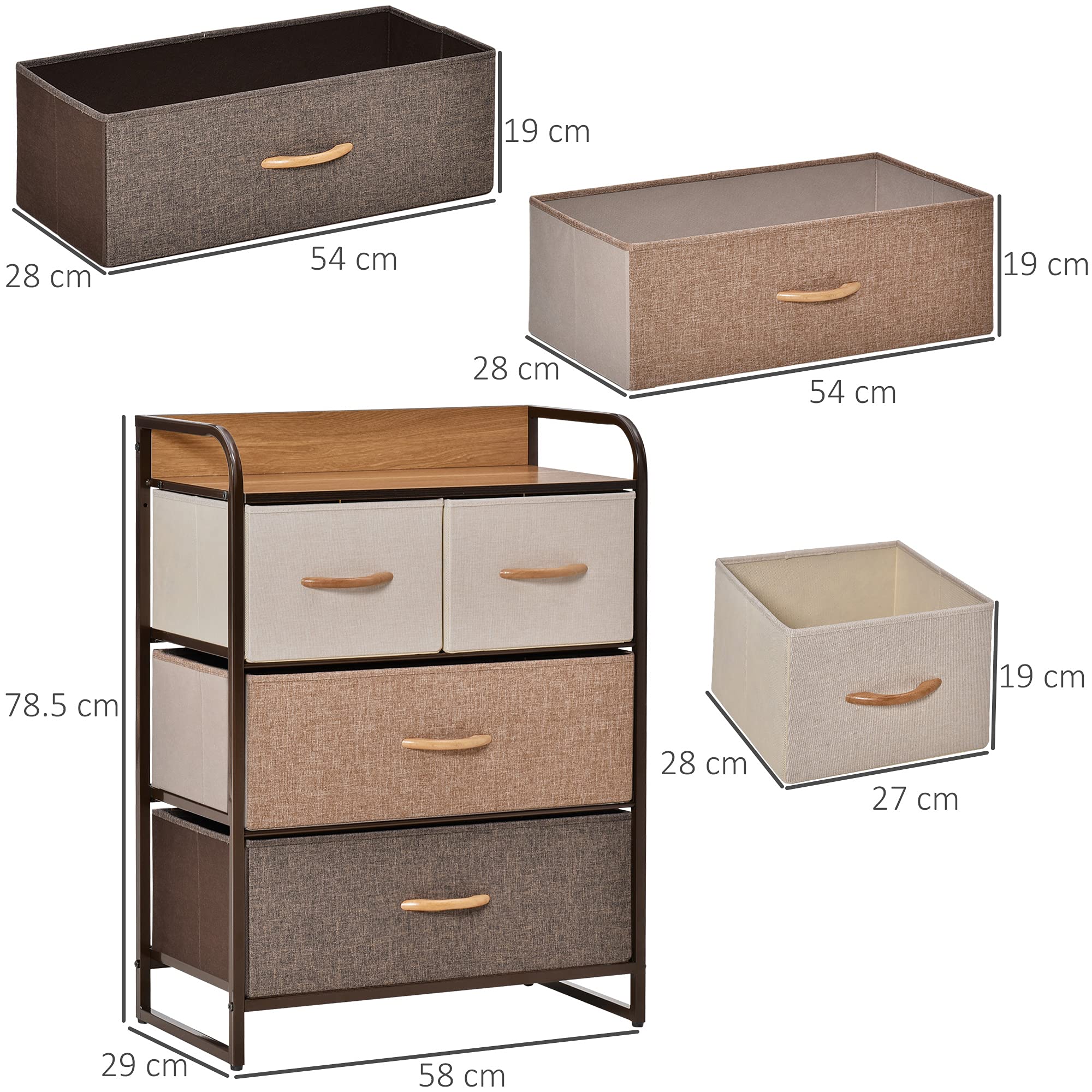 HOMCOM Mobile Cassettiera da Camera da Letto e Soggiorno, Cassettiera con 4 Cassetti Pieghevoli in Tessuto e Ripiano in MDF, 58x29x78.5cm, Multicolore