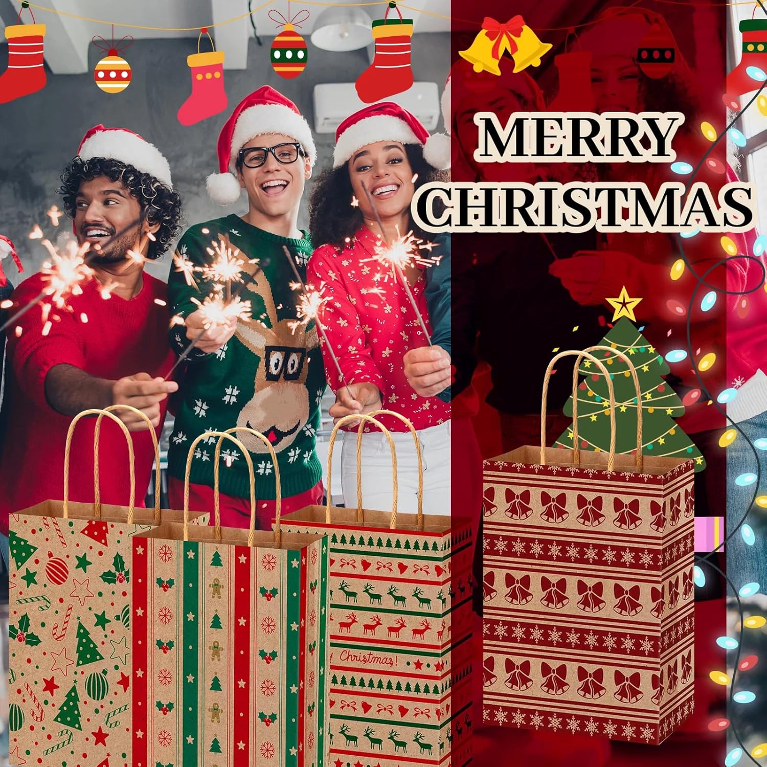 Gersoniel 48 Pieces Kraft Christmas Gift Bags Bulk Xmas Treat Candy Goodie Bags with Handle for Christmas Party Favors Gift Wrapping