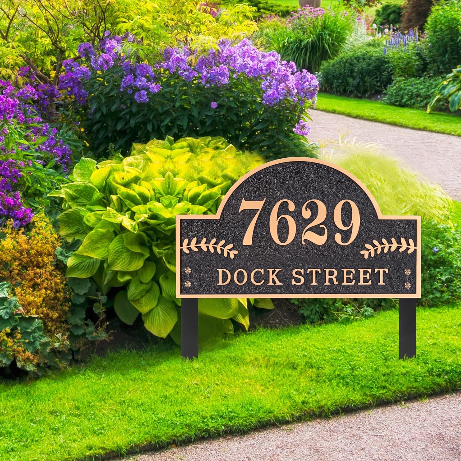 Address Plaques for House - LAWN MOUNTED,Engraved Metal with 2 Stakes Customized House Numbers Sign for Outside Store,Yard,Garage,Apartment, Arch Style(Black/Red Copper)